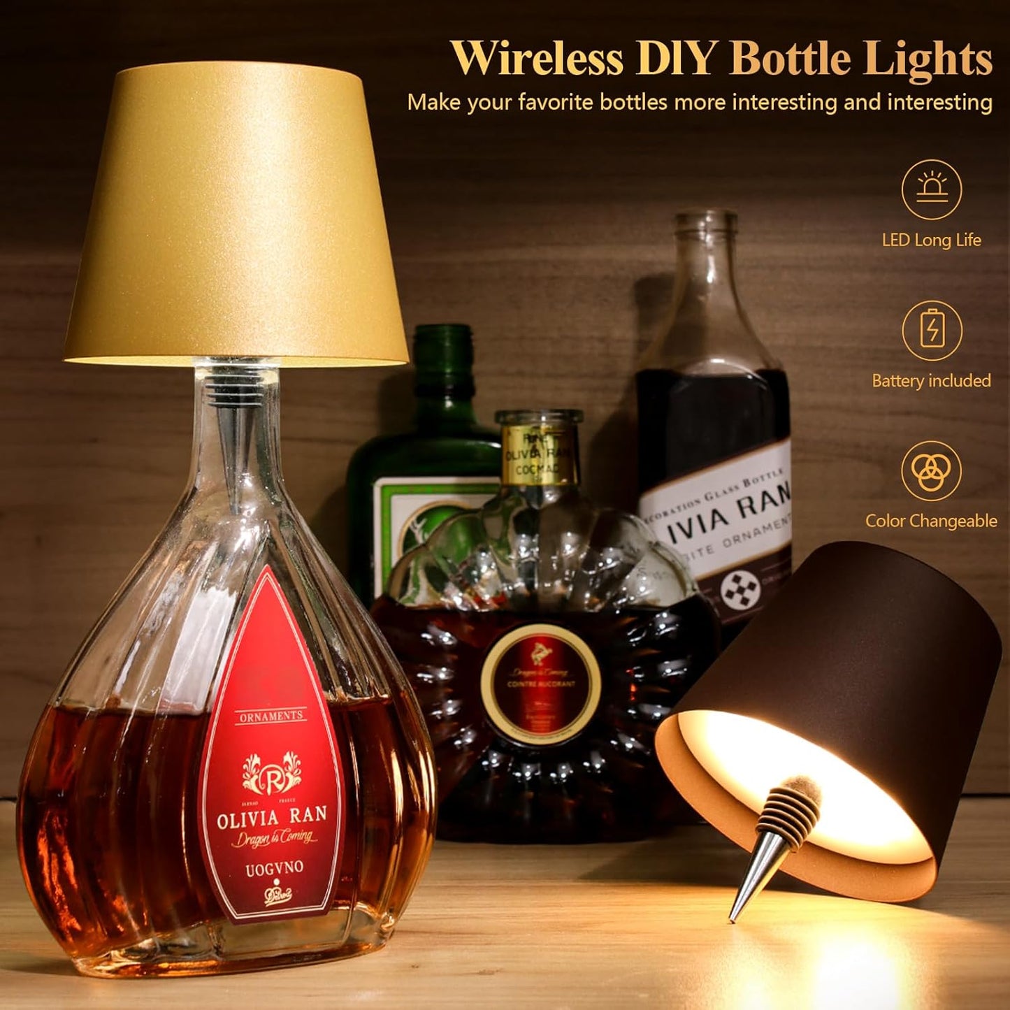 2 Pack Wine Bottle Lamps, 2026 New 3 Color Rechargeable Wireless Bottle Lamps, Bottle Lamp Kit for Liquor Bottles with Touch Dimming for Parties, Restaurants & Home Decor (‌Golden)