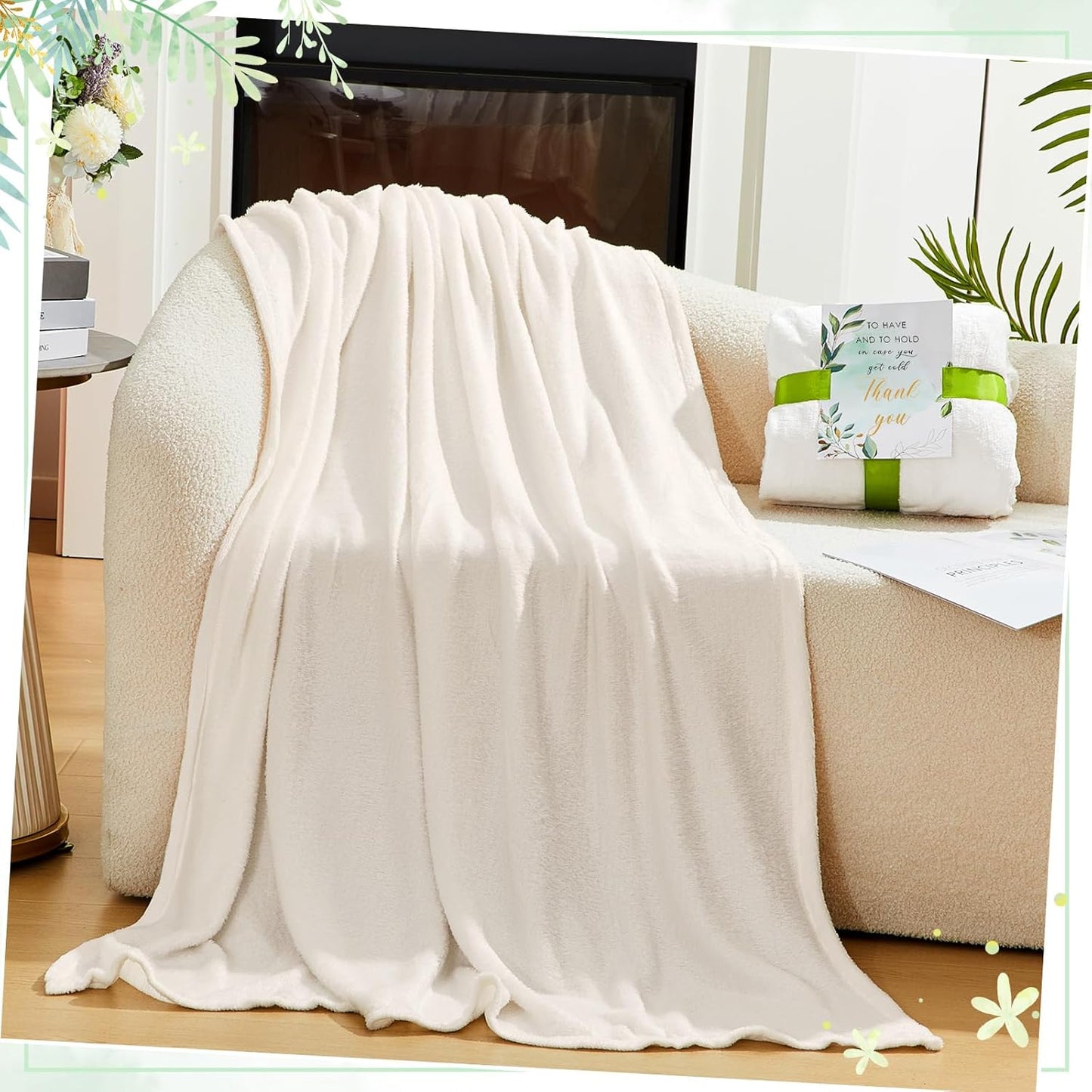 Buryeah 12 Pack Cream White Oeko-Tex Certified Bulk Wedding Blankets for Guests, 50 x 60 Inch Flannel Throw with Thank You Cards & Ribbon, Bulk Wedding Souvenir Gifts, Spa & Sleepover Party Favors