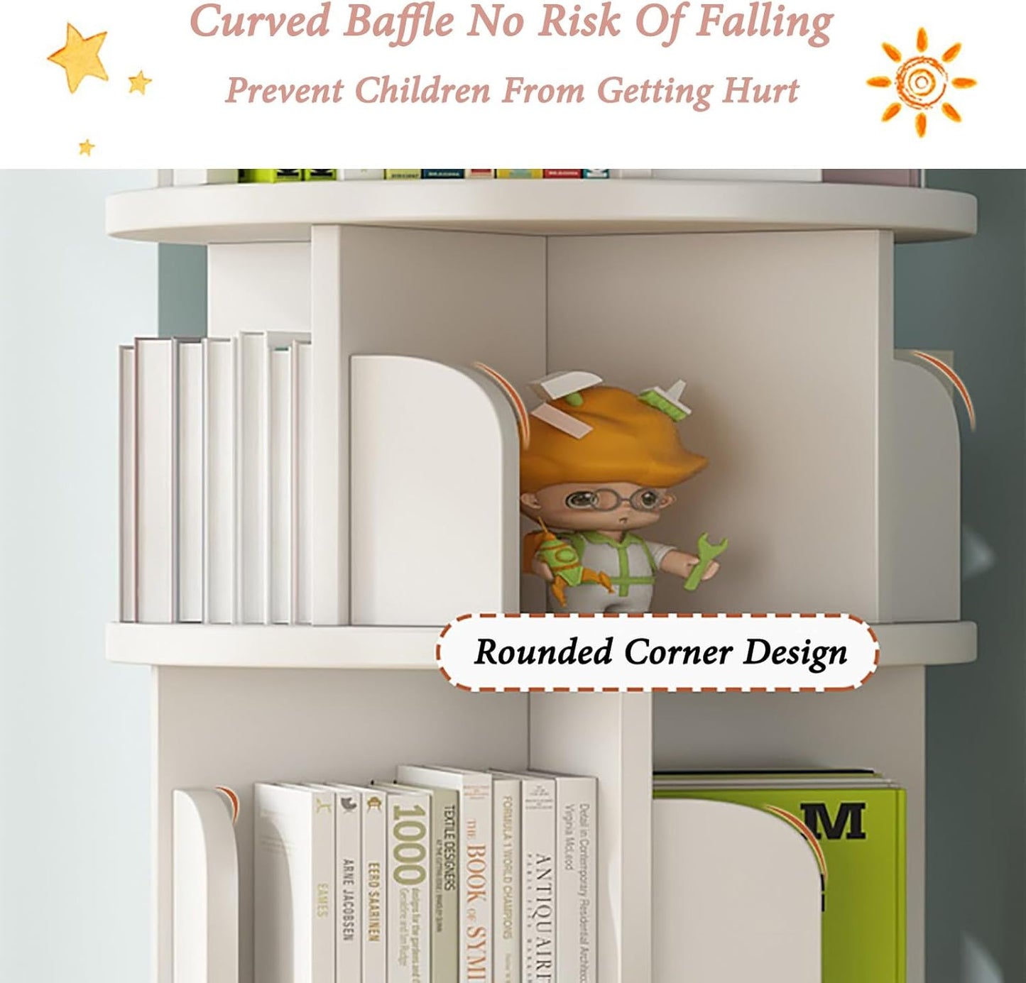ELZEM Rotating Bookshelf 5 Tier 360° Revolving Bookcase Corner Round Bookcase White Spinning Book Shelf Stackable Bookshelf Organizer Display Cabinet for Office Home Living Room