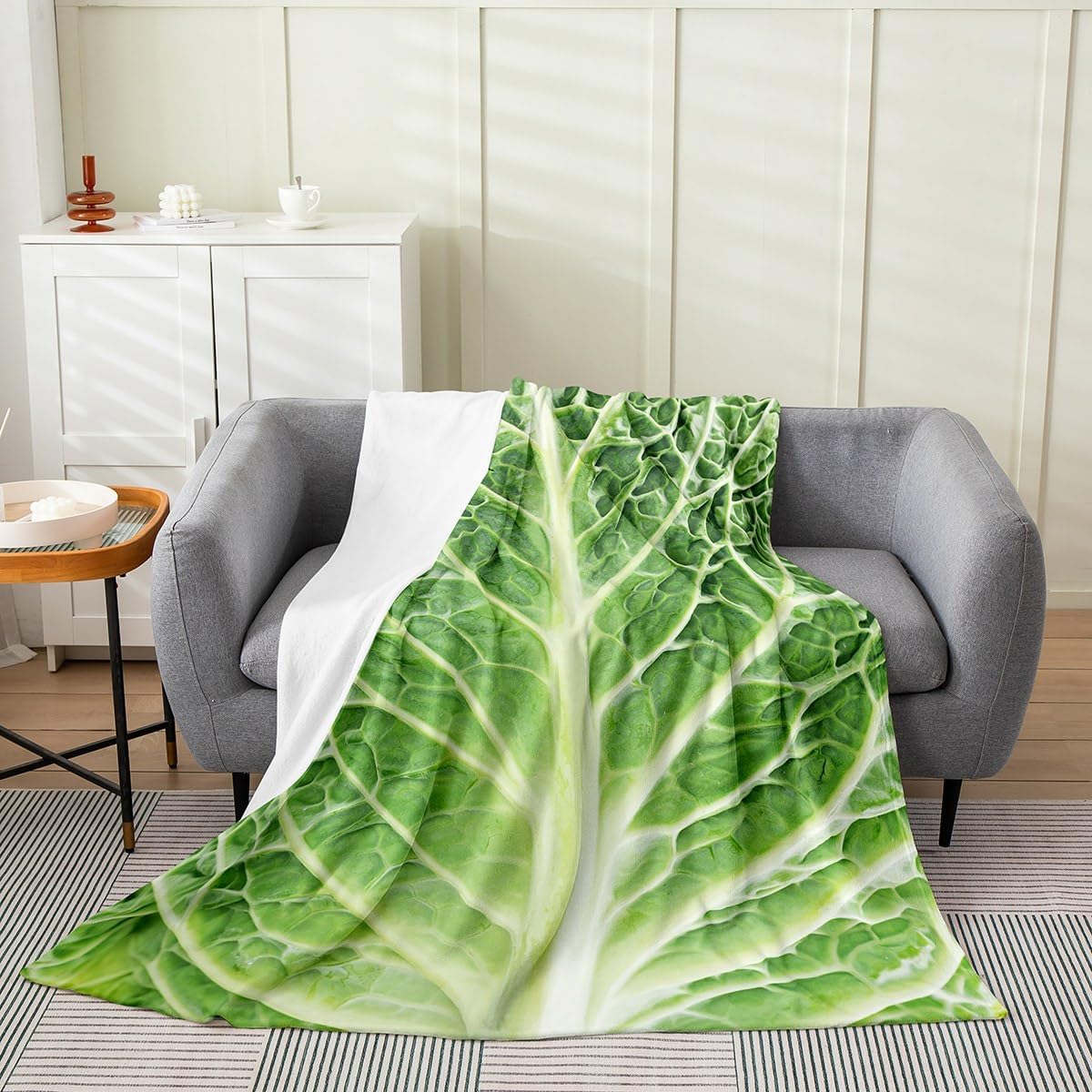 Funny Cabbage Leaf Fleece Blanket for Kids Boys Girls,Green Lettuce Leaf Blanket,Realistic Vegetable Throw Blanket,Novelty Gifts Food Themed Flannel Blanket,Luxury Soft Throw 50x60