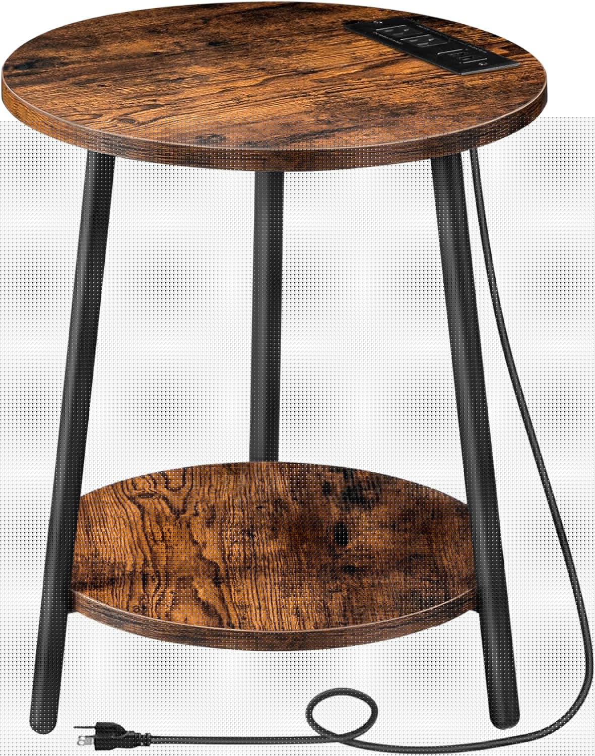 HOOBRO Round End Table with Charging Station, 2-Tier Small Circle Side Table, Round Accent Table for Living Room, Bedroom, Rustic Brown BF671BZ01