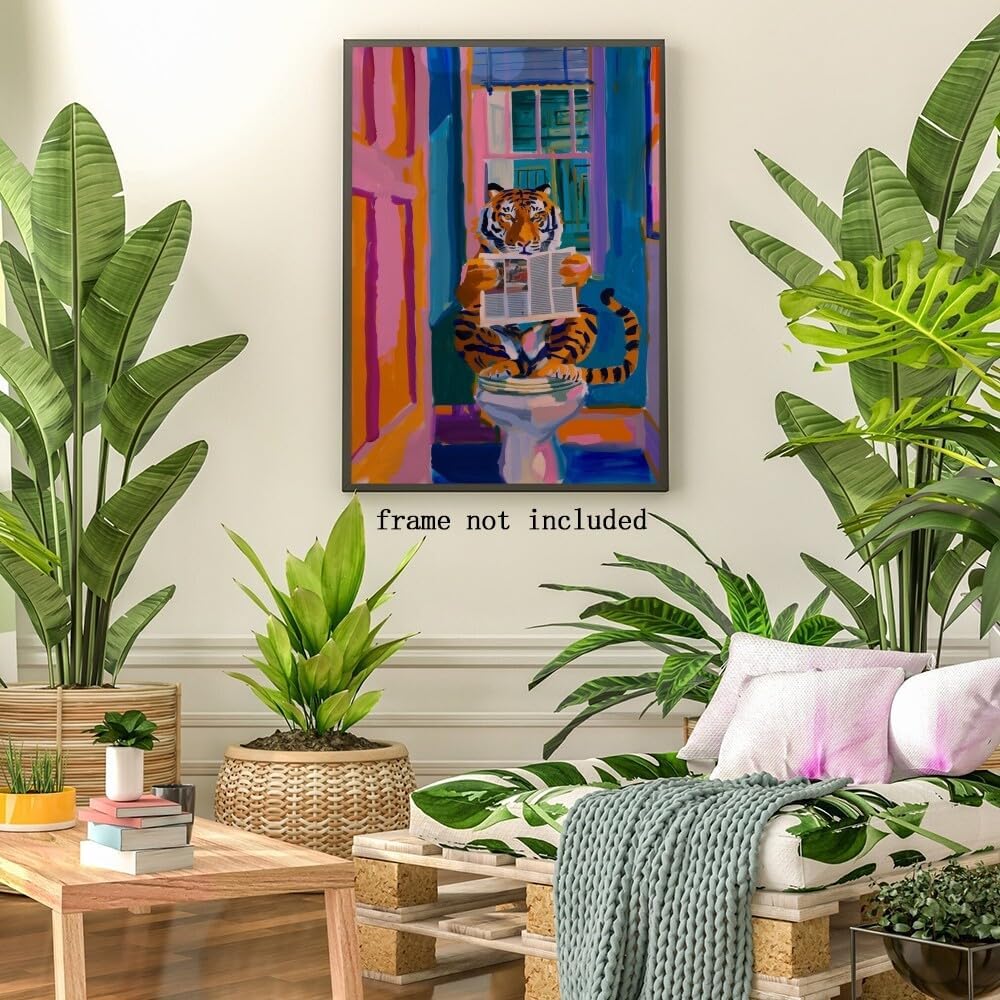 TcnBzydkij Funny Tiger Poster Minimalist Bathroom Wall Art Print Stylish Decor Reading Newspaper Dopamine Pink Kitsch Aesthetic Preppy Canvas 12x18inch Unframed