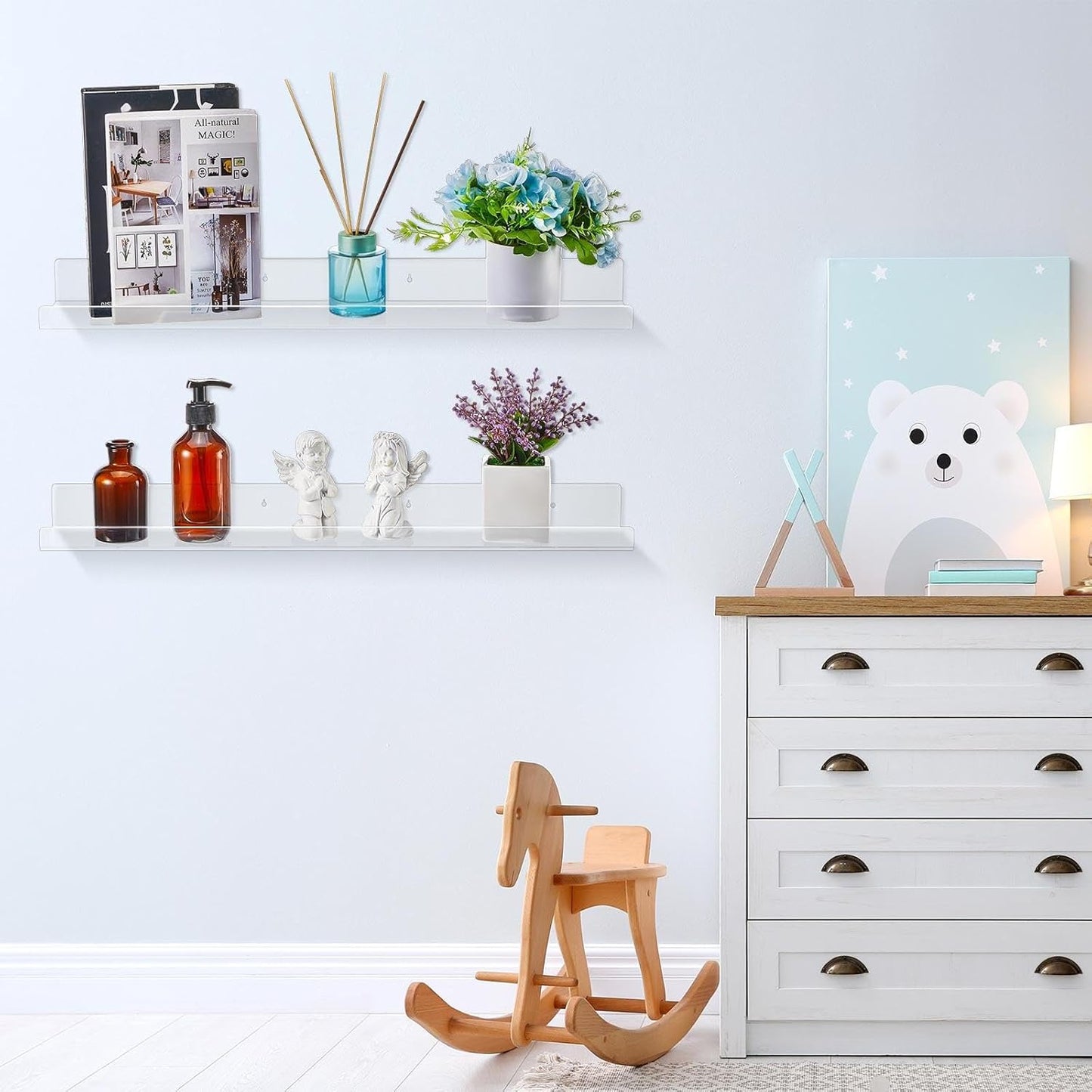 Thyle 6 Pcs 36 Inch Acrylic Floating Shelves Wall Mounted Clear Shelves Acrylic Floating Bookshelf Invisible Storage Rack with Screws and Screwdriver for Room Nursery Bathroom Display