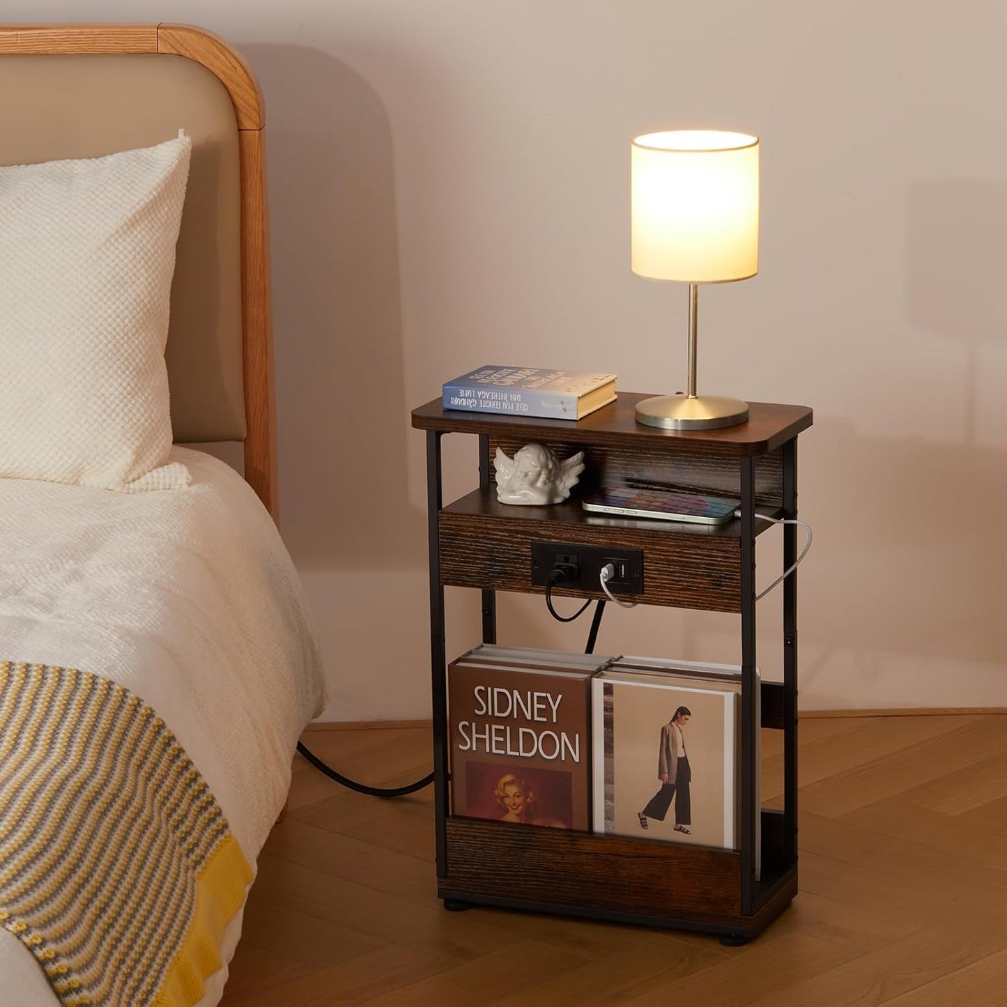 Narrow Side Table With Charging Station, 3-Tier End Table with 2 USB Ports & Power Outlets,Thin Sofa Side Table for Narrow and Small Spaces, Bedside Table Nightstand for Living Room,Rustic Brown