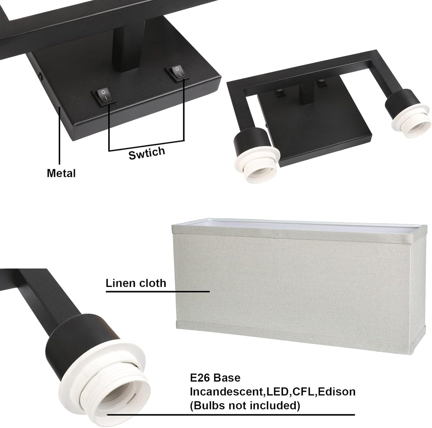 Yosoan Linen Fabric Boho Wall Sconce Bedside Light with On Off Switch, 2-Light Finished Hardwired Vintage Industrial Dual Wall Mount Lamp Lighting Square Shade for Bedroom Living Room Stairwell(Black)