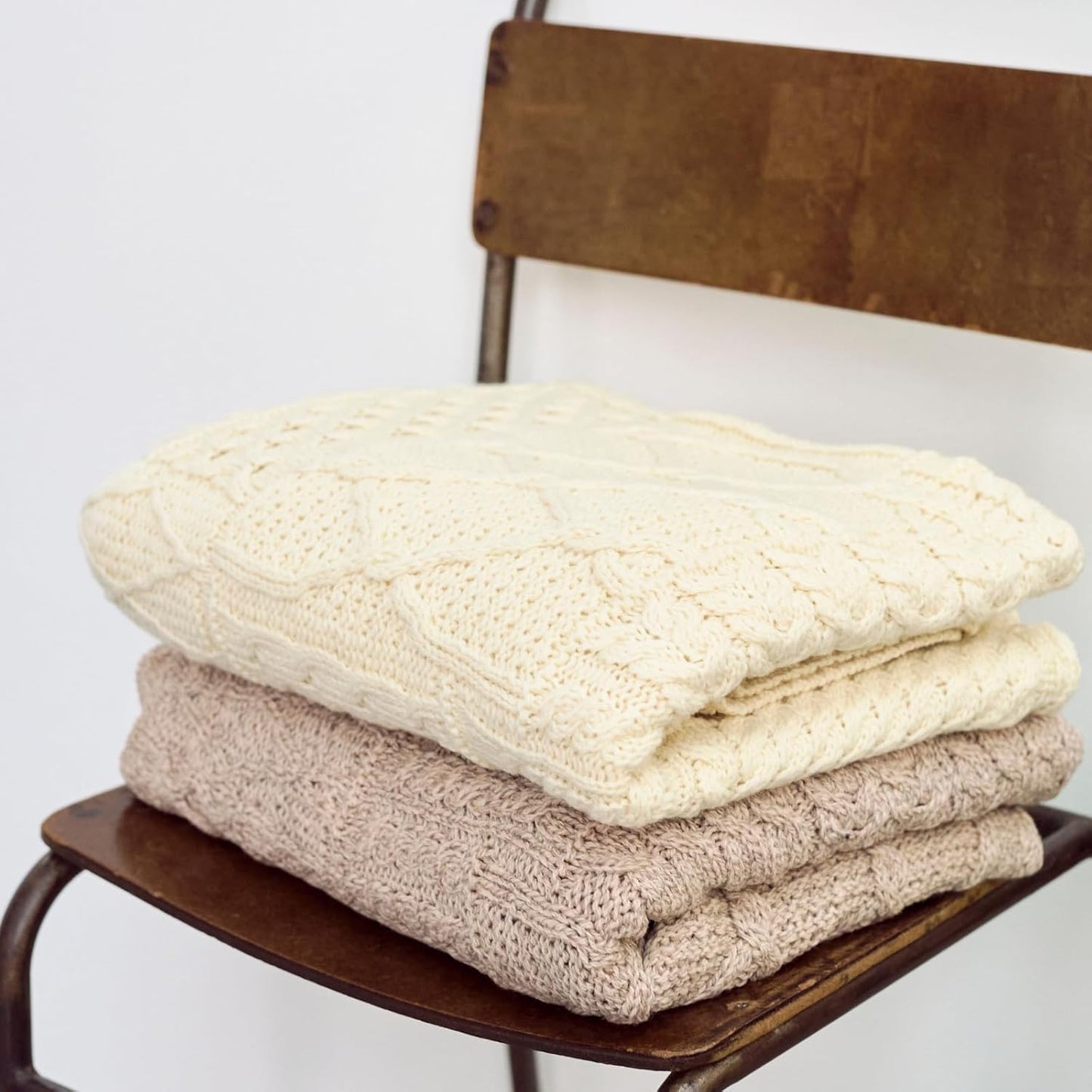 Aran Woollen Mills Patchwork Blanket, 100% Merino Wool,Cable Throw Blanket for Couch or Bed, Made in Ireland, Keel, Cream, 40" x 60" (102 x 152 cm)