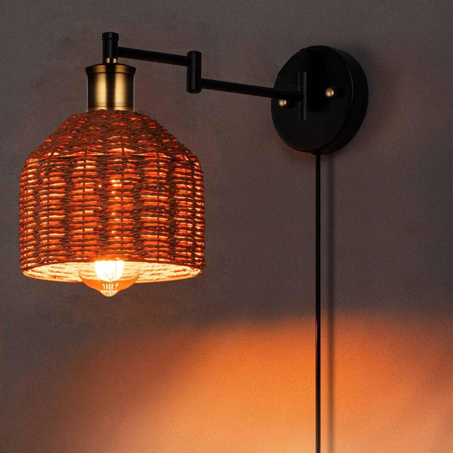 Plug in Wall Sconces, Swing Arm Wall Lamp with Natural Paper String Lampshade Set of 2, Bronze Head, Vintage Adjustable Wall Mounted Sconce Wall Light Fixture for Bedroom,Bedside,Kitchen,Living Room