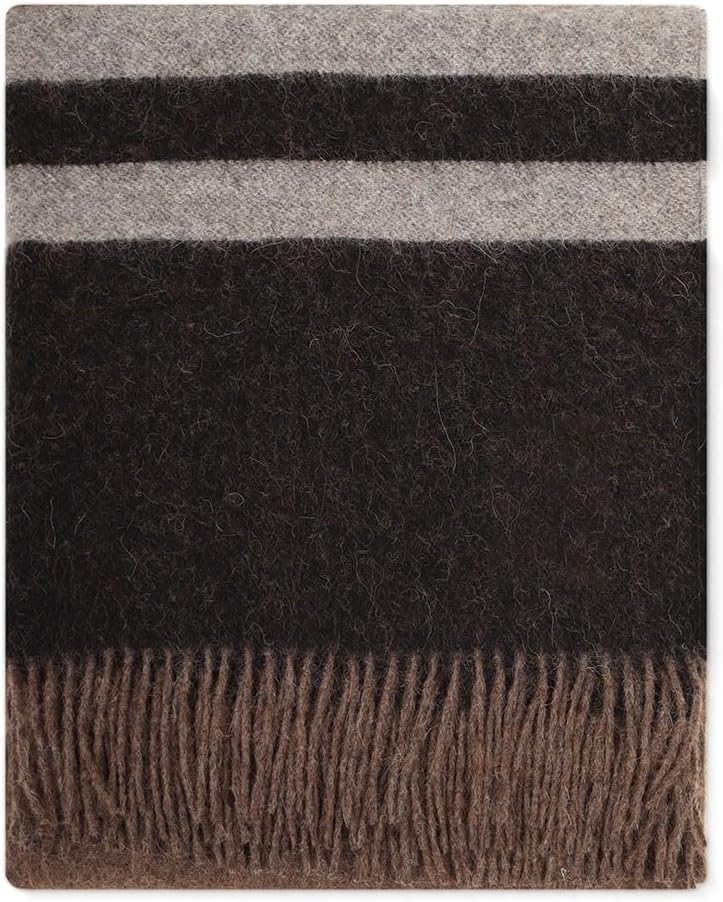 Superfine Alpaca Wool Throw Blanket - Lightweight Alpaca Merino Wool Throw Blankets | Soft Peruvian Alpaca Blanket Wool Blanket Striped Design 63" x 52" (Desert Sand/Espresso/Ash Gray)