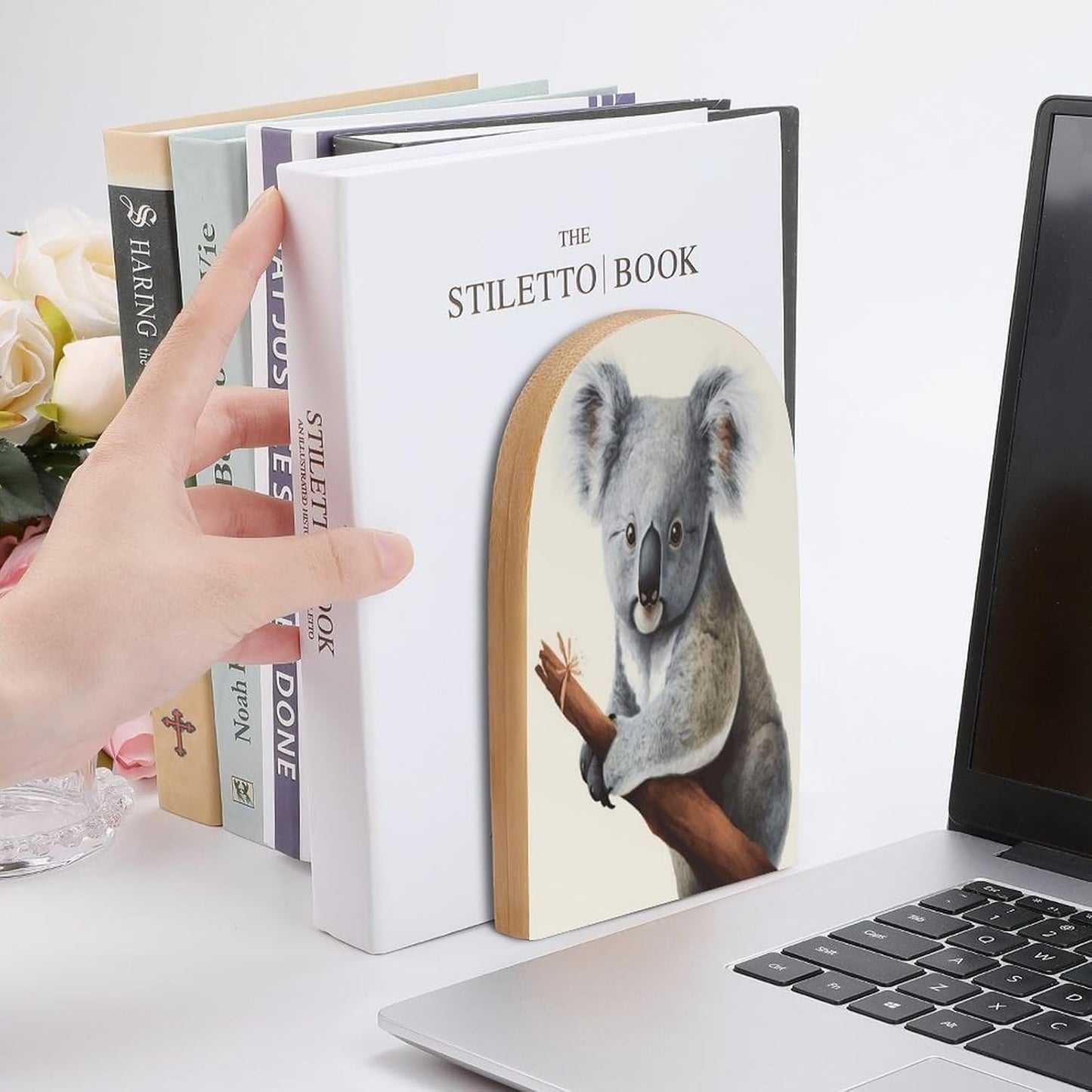 Koala and Butterfly Bookend for Shelves Wooden Book End Large Size Sturdy Book Holders Stoppers with Metal Base for Bookshelves Slick Decorative Bookends Stands