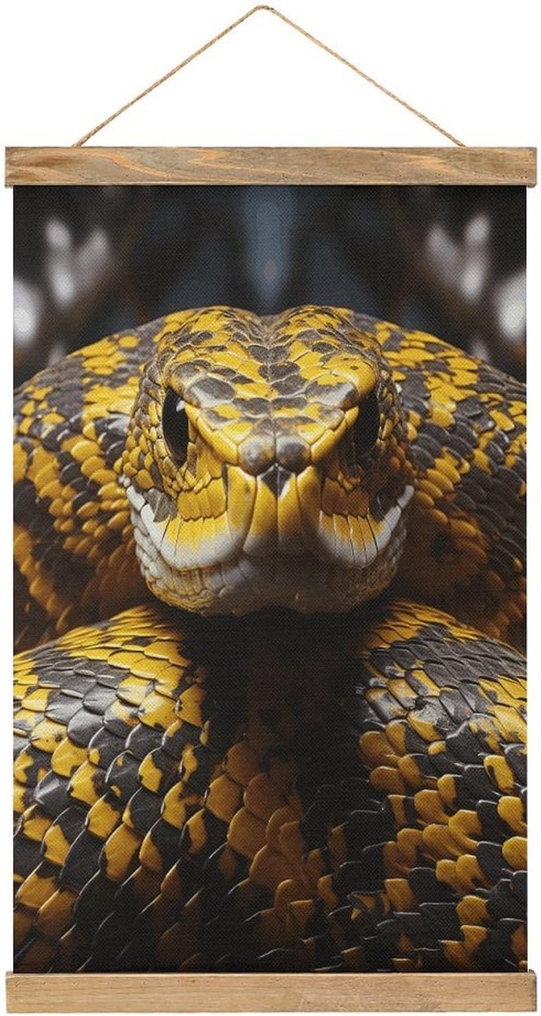 Vintage Yellow Snake Poster with Wooden Frame Personalized Linen Hanging Scroll Painting Rustic Wall Hanging Illustrative Modern Artwork Decor for Home Living Room Bedroom Office