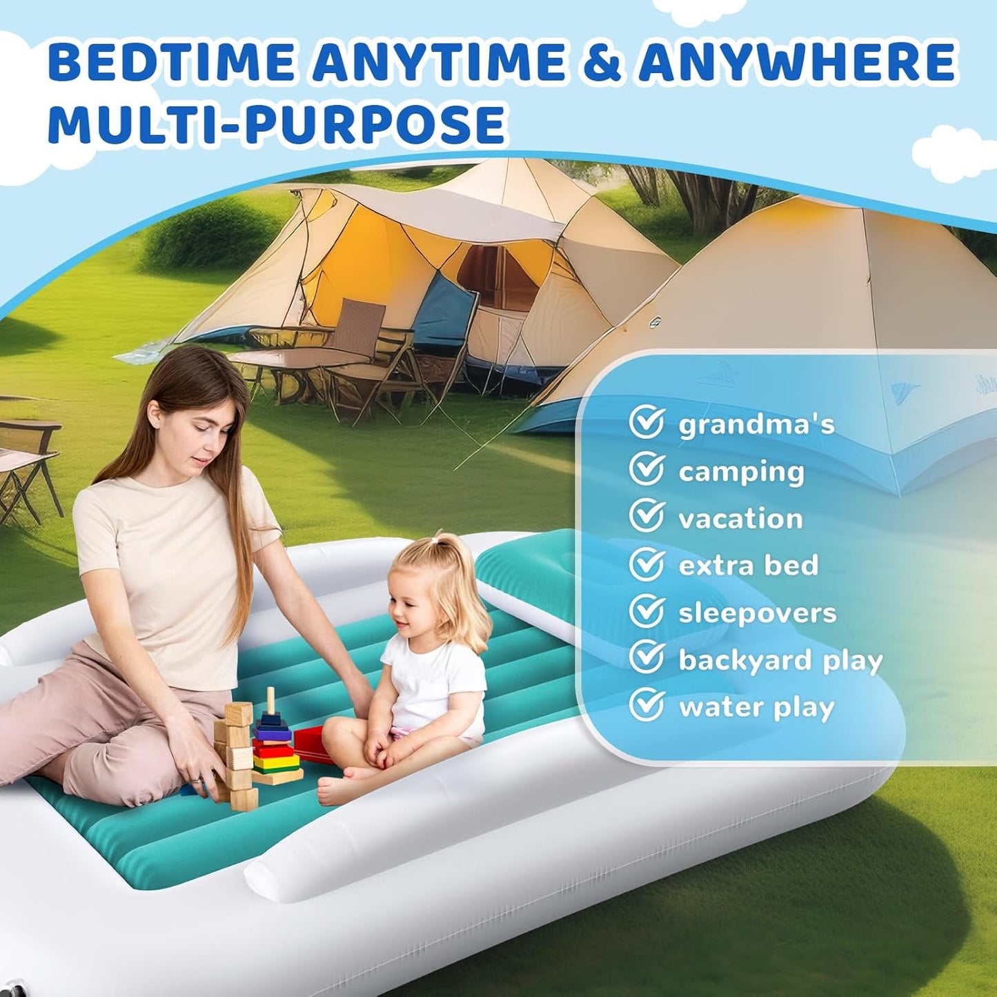 Inflatable Toddler Travel Bed - 60 Inches Portable Toddler Bed for Travel with Safety Sides - Cozy Kids Air Mattress Set with High-Speed Pump & Carry Case - Easy to Inflate(Teal Blue)