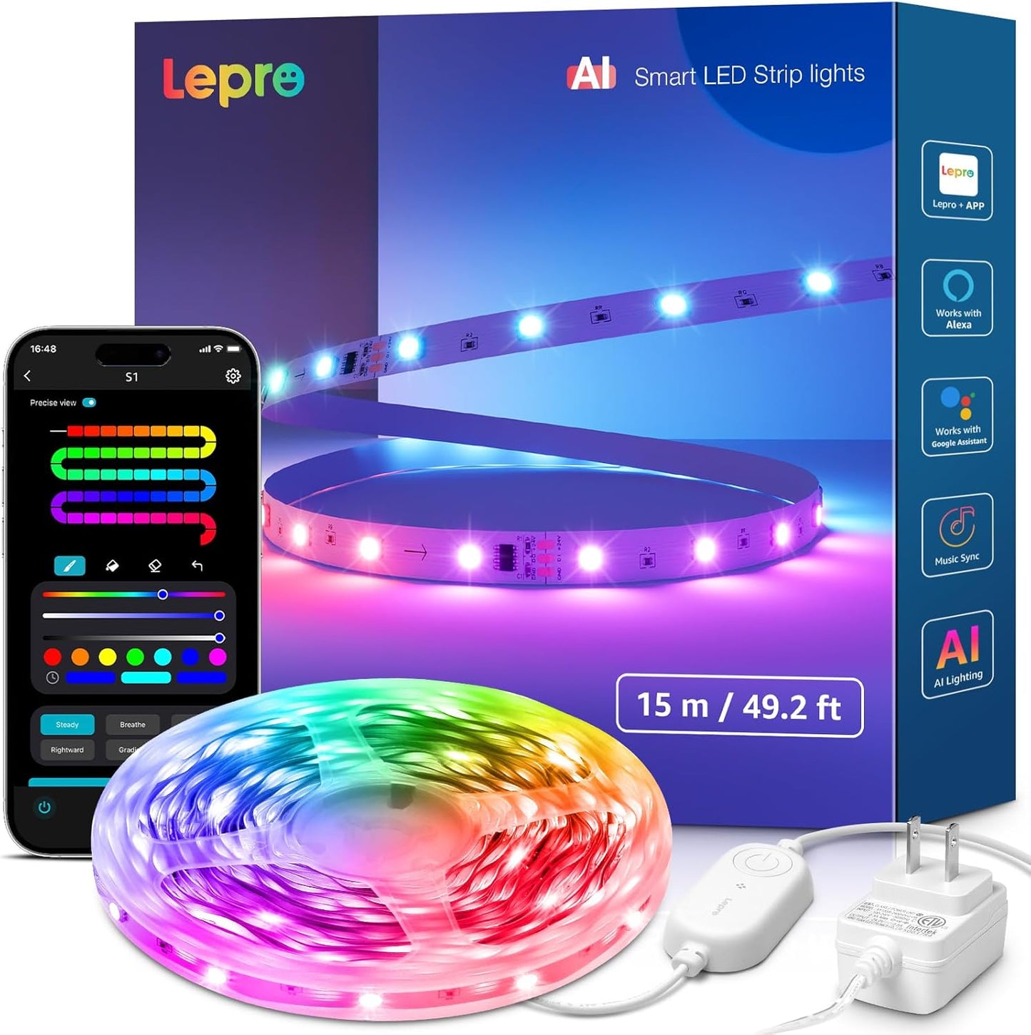 Lepro S1 AI LED Strip Lights for Bedroom - 50ft Smart RGB Light Strips with IC and Rainbow Chasing Effects, Color Segment DIY, Personalized Al Lighting Designer, No Remote, 2.4G Wi-Fi & Bluetooth
