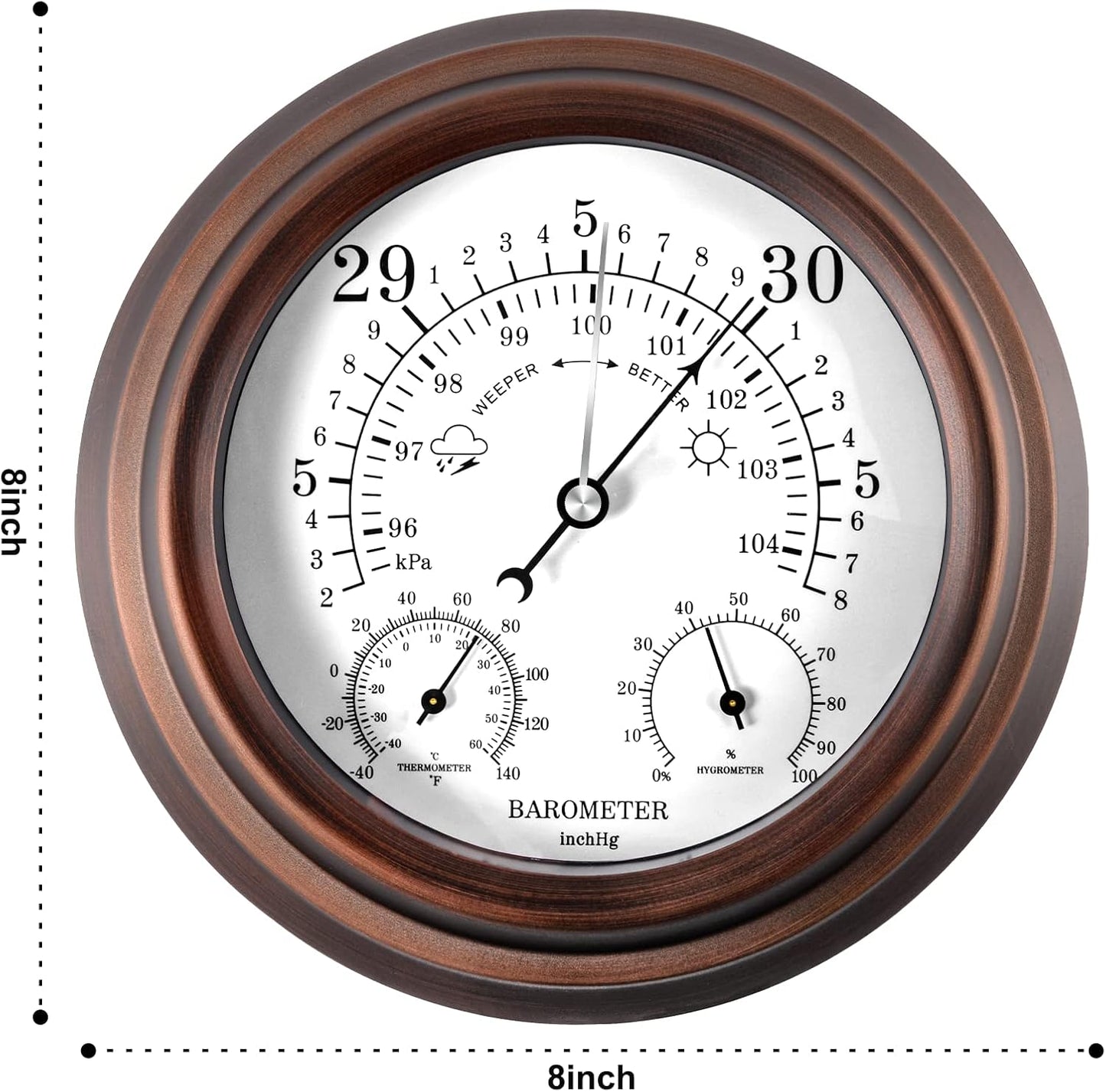 Lirches 8'' Barometer Thermometer Hygrometer - 3 in 1 Atmospheric Pressure Temperature Hygrometer Weather Station, Hanging Premium Steel Barometer for Home Wall, Fishing Boat, Baby Room, Office