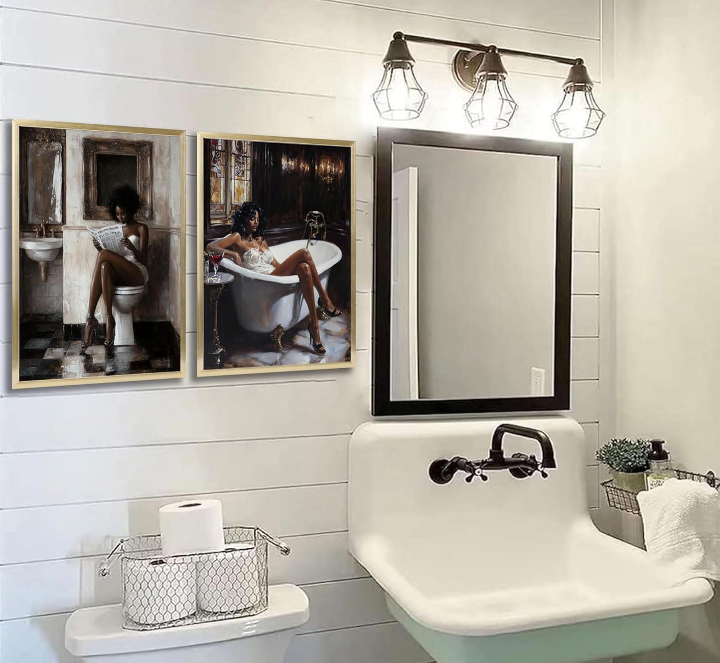 2pcs Black Women Bathroom Canvas Wall Art African American Bathroom Posters Prints Paintins Fashion Black Girl Reading Newspaper Wall Decor Pictures for Toilet Restroom Furniture Decoration Unframed