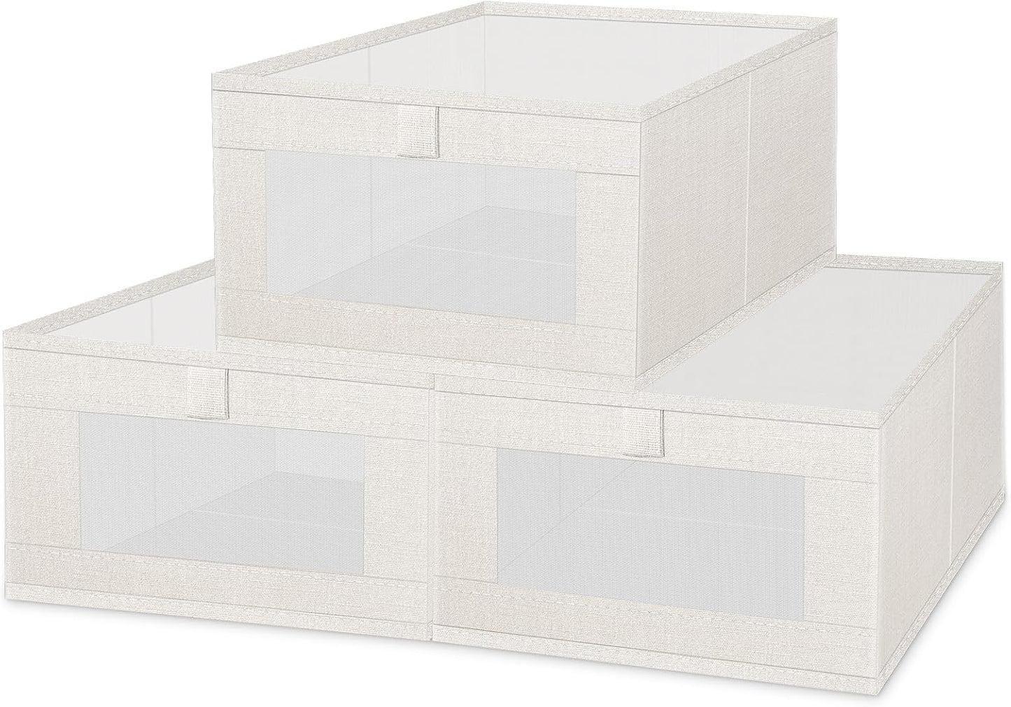 3 Pack Linen Storage Bins with Clear Window - Foldable Fabric Closet Organizer Shelf Baskets for Clothes, Toys, Towels, Jeans, Books, Shelves, 16"x11"x7" (Beige)