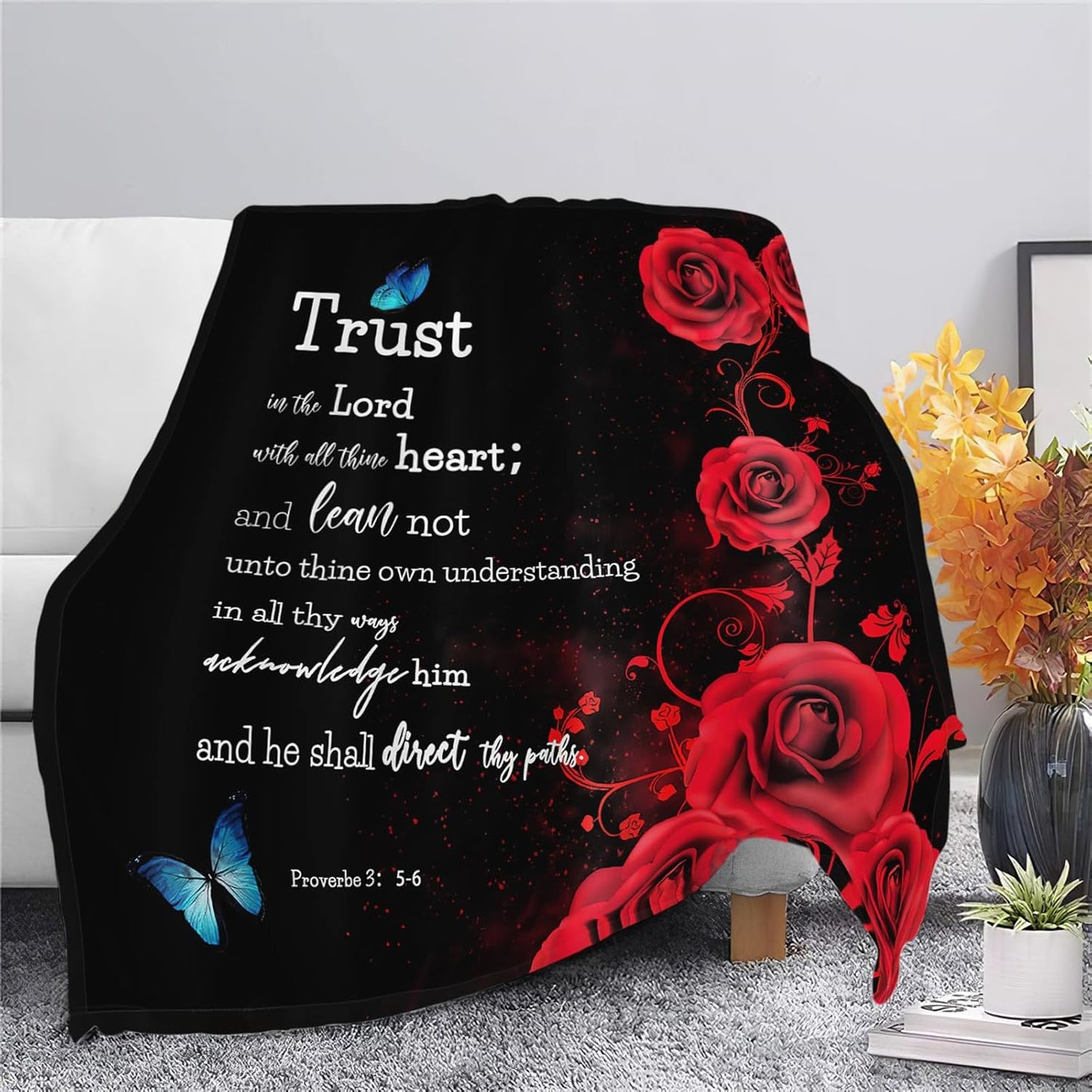 Christian Bible Verse Blanket Red Rose Inspirational Scripture Throw Blanket Religious Spiritual Gifts for Girls Boys Kids Adults Women Men Soft Cozy Plush Fuzzy Fleece Blanket Decor 40''X50''