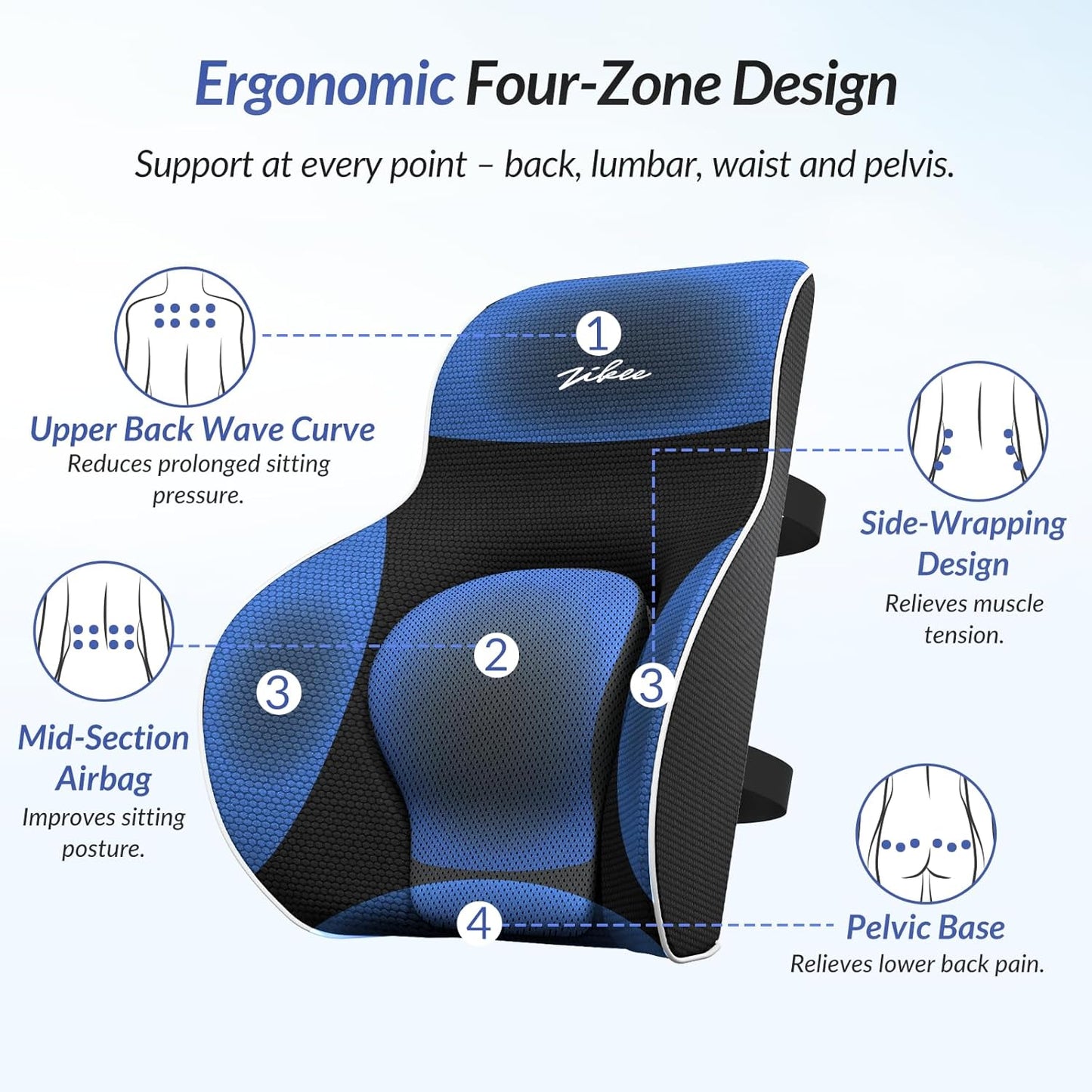 ZIKEE Adjustable Airbag Lumbar Support Pillow Provides Comfortable Support Back Pain Relief and Improves Posture, Ergonomic Memory Foam Back Support Pillow for Office Chair, Car, Home