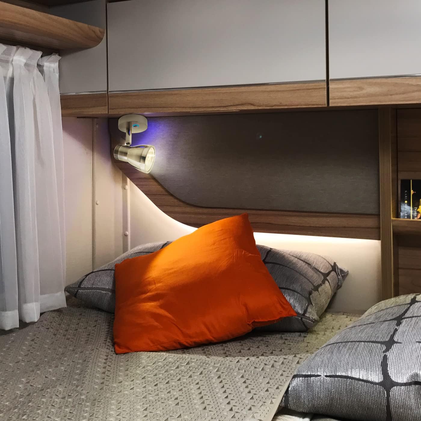 THALASSA RV Overhead Reading Light 12V LED Spotlight Camper Motorhome Interior Warm Light Brushed Nickel with Blue Small Reminder Light, Adjustable Touch Dimmer Switch 3W DC 10-30V