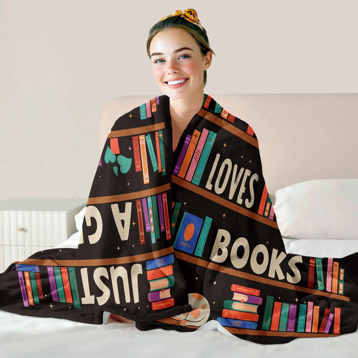Reading Lover Blanket, Just A Girl Who Loves Books Blanket, Soft Warm Cozy Fleece Throw, Gifts for Girls Teens Kids, 60"x80", Black