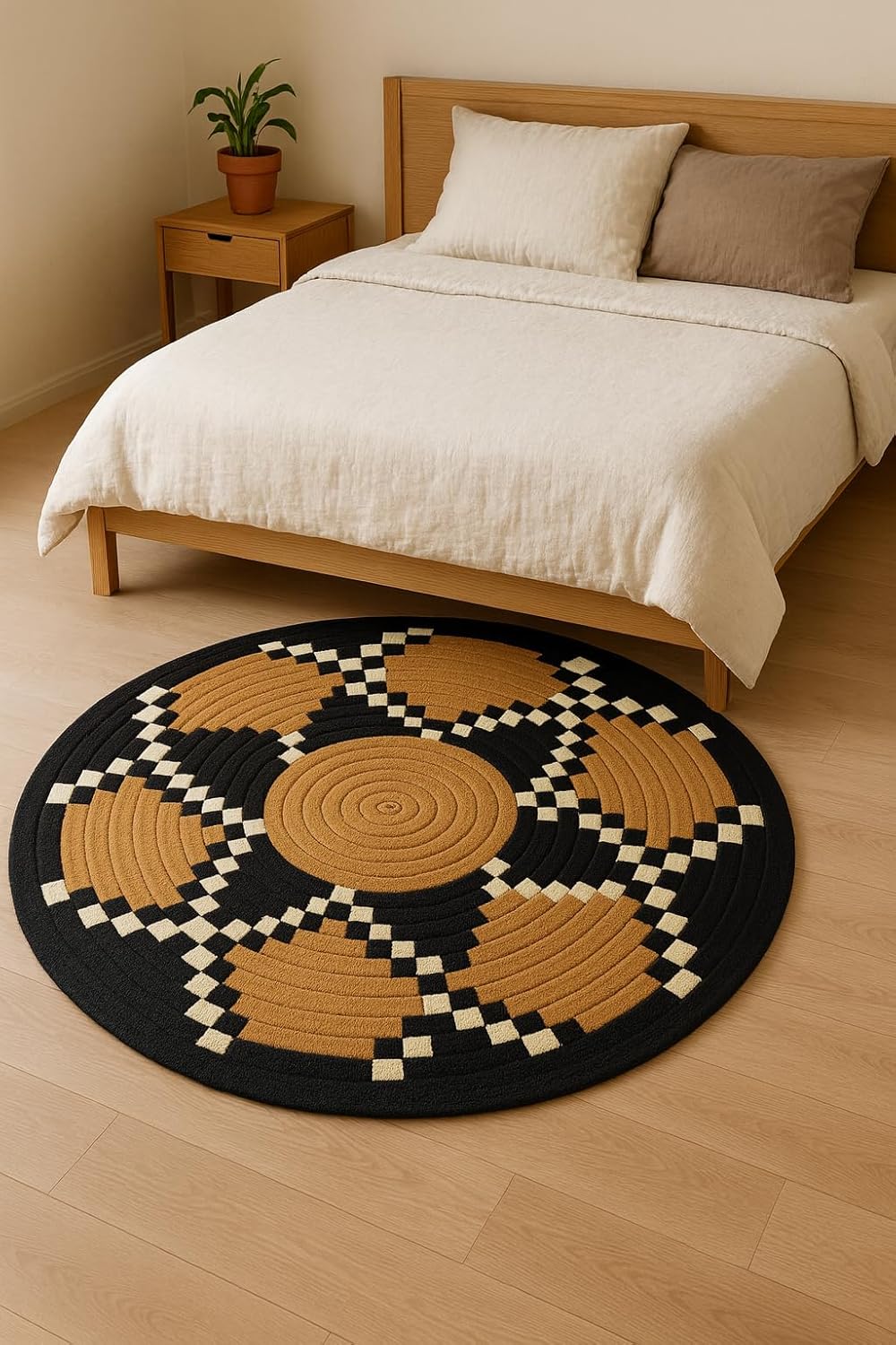 Round Geometric Area Rug, Modern Black Tan Cream Checkered Spiral Carpet for Bedroom Living Room, Soft Decorative Circle Floor Rug for Home Decor, Dorm, Apartment-(6X6 ft Round)