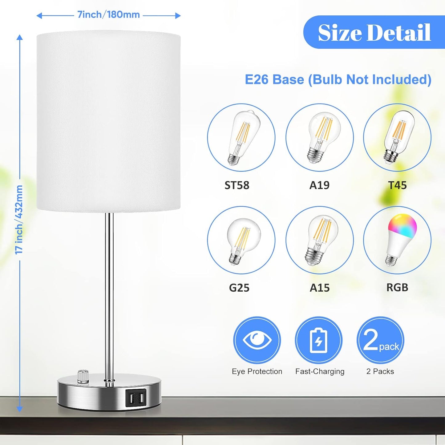 Set of 2 Table Lamps with USB Ports, White Bedside Lamps with AC Outlet, Modern Nightstand Lamps with Rotary Switch, Minimalist Desk Lamp with Fabric Shade for Bedroom Living Room Office Reading
