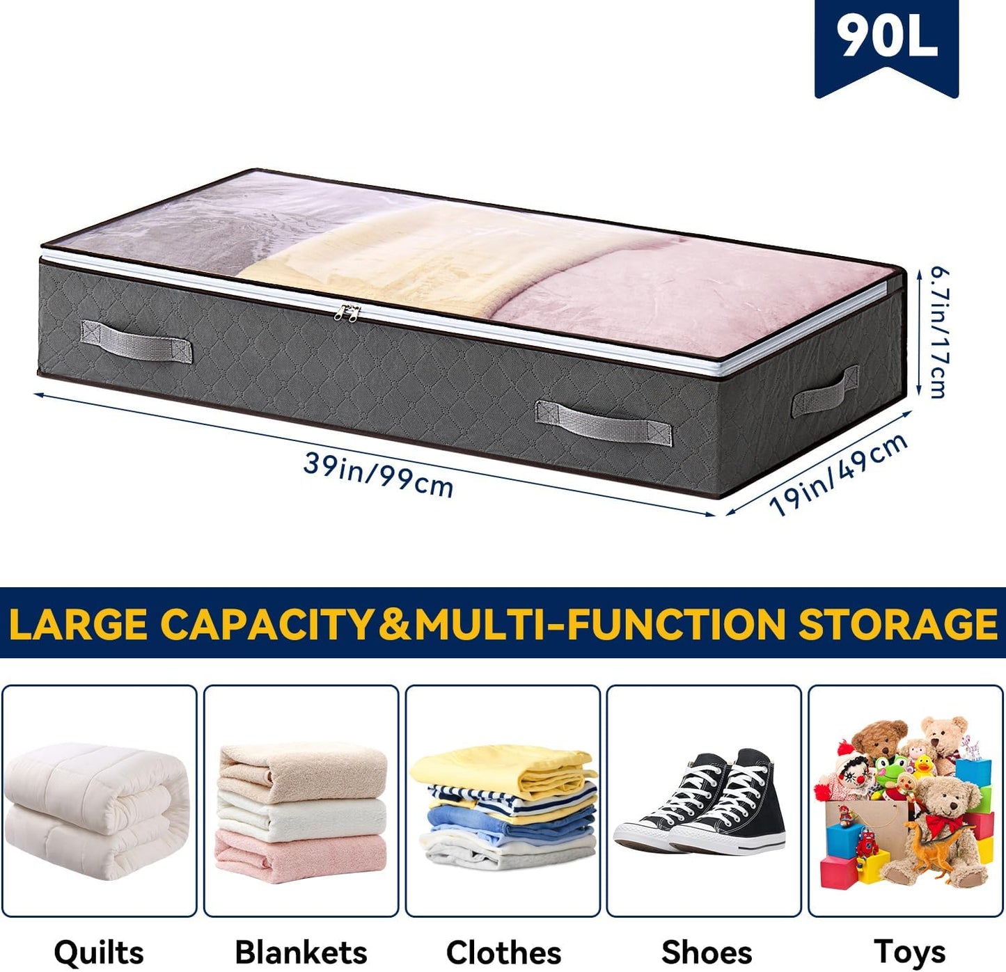 3 Pack Under Bed Storage Containers, 7 Inches Tall Low Profile Underbed Clothes Storage Bins, Closet Organizers and Clothes Storage Bags, Under the Bed Blanket Storage with Clothing, Bedroom, Bedding