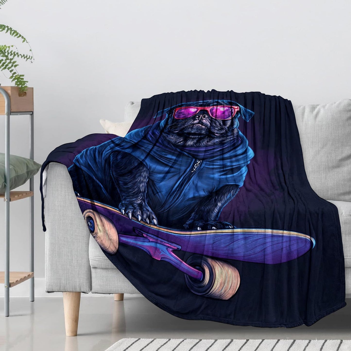 Cool Pug Skateboard Flannel Throw Blanket 50x60 Inch, Funny Urban Dog with Hoodie and Sunglass Blankets Soft Cozy Fleece Throws for Puppy Lover Bed Sofa Dorm Living Room Pet Home Decor Gifts