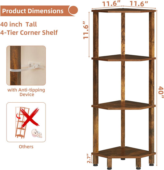 4-Tier Corner Shelf with Sturdy 5-Leg Base, 40in Tall Narrow Bookcase for Small Spaces, Wooden Plant Display Shelf, Thin Bookshelf for Living Room, Bedroom, Office, Brown