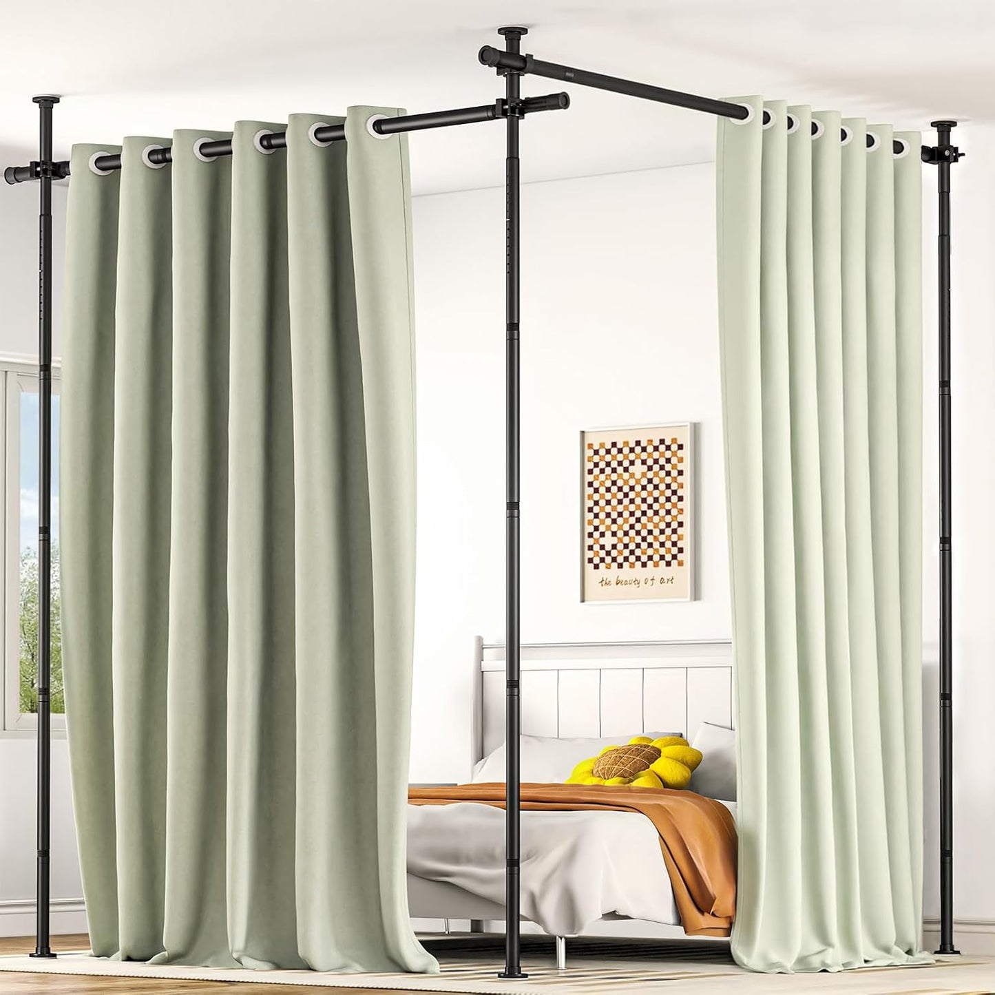 AKTOP Room Divider, No Drilling Curtain Tension Rods Wall Divider for Room Separation, 4-10ft(H) 30-147"(W) Adjustable, Heavy Duty Floor to Ceiling Space Separator Privacy Dividers for Rooms, Black