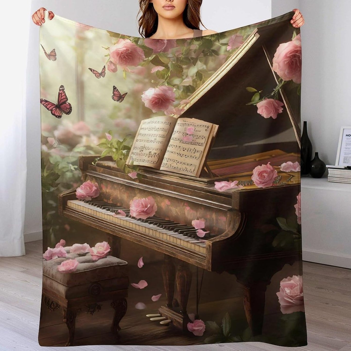 Piano Floral Gothic Flower Throw Blanket for Couch Bed Plush Cozy Fuzzy Flannel Blanket for All Season 55"x70"