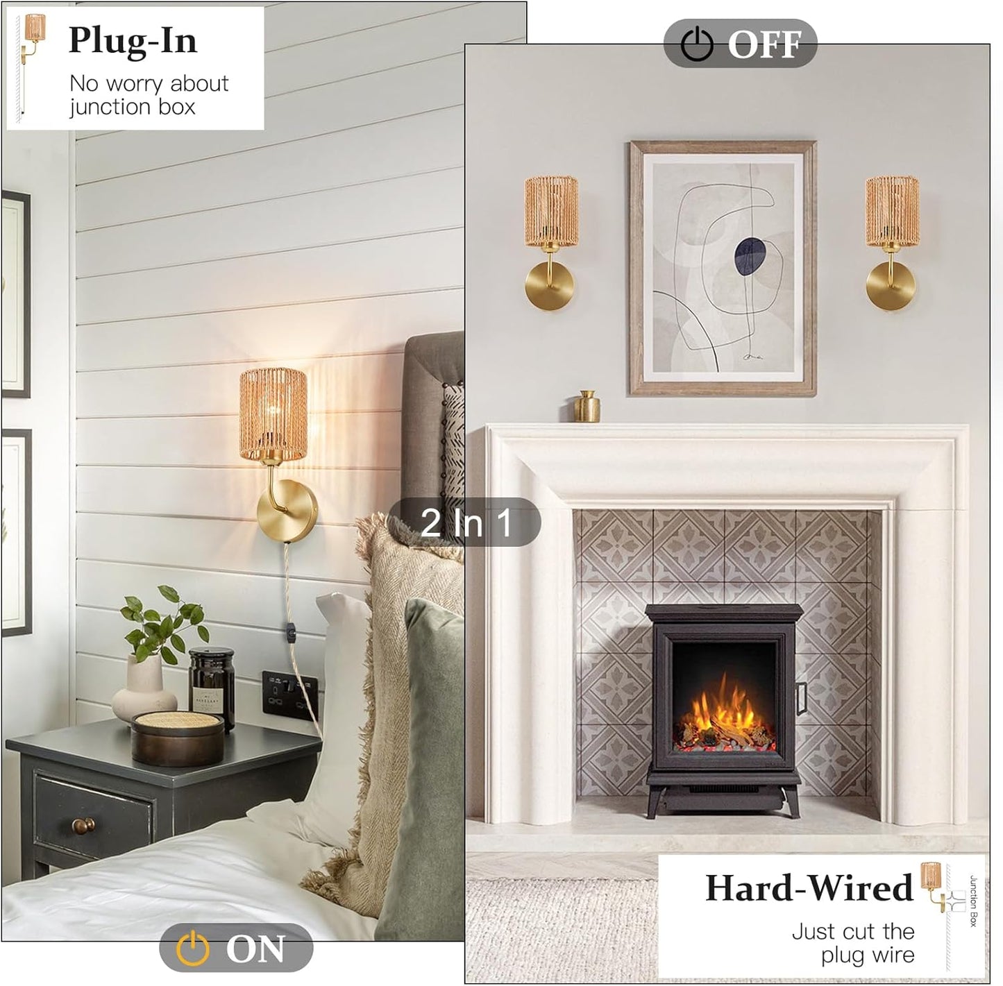 Wall Sconce Light Plug In Set of 2, Stepless Brightness Hand Woven Rattan Wall Light with Dimmable ON/OFF Cord Switch, Gold Brass Metal Wall Mounted Light, Boho Lamp for Bedside Bedroom Living Room
