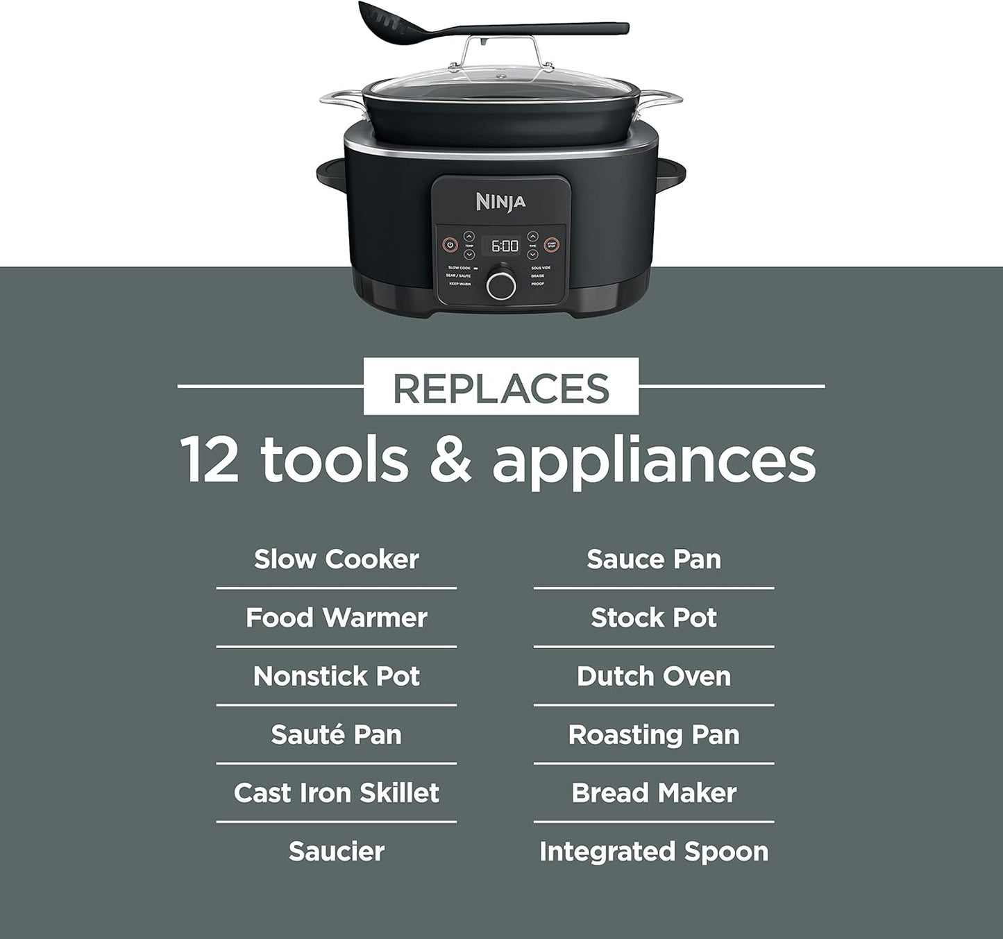 Ninja® 12-in-1 PossibleCooker™ PLUS | 8.5-qt - Sous Vide & Proof Multi-Cooker | Slow Cooker, Dutch Oven & More | Glass Lid & Integrated Spoon | Nonstick | Oven Safe Pot to 500°F | Black | MC1010