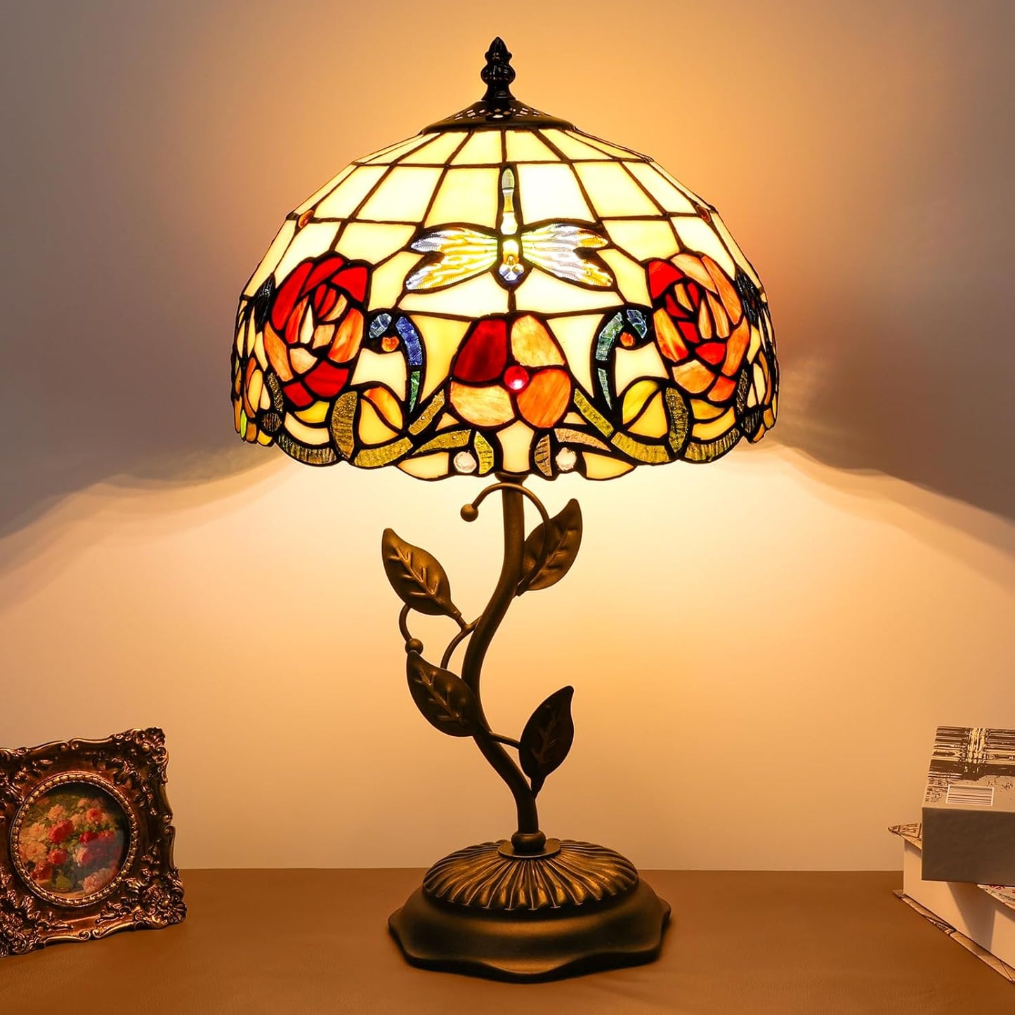 Stained Glass Table Lamp, Adjustable 3 Color Temperature, Dragonfly Rose Style Lampshade & Metal Leaf Antique Base Desk Reading Light 12X12X19 Inches Decor for Bedroom Living Room Office