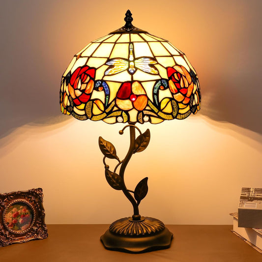 Stained Glass Table Lamp, Adjustable 3 Color Temperature, Dragonfly Rose Style Lampshade & Metal Leaf Antique Base Desk Reading Light 12X12X19 Inches Decor for Bedroom Living Room Office