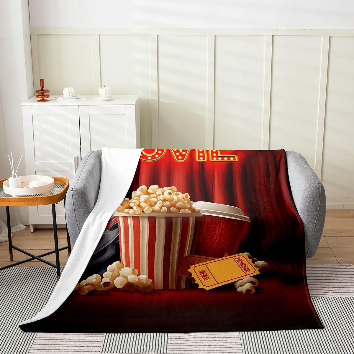 Movie Theme Decor Throw Blanket for Sofa Bed Couch, Retro Cinema Style Fleece Blanket, Home Theater Decor Fuzzy Blanket, Cinema Ticket Popcorn Soft Cozy Flannel Blanket All Season, Throw Size