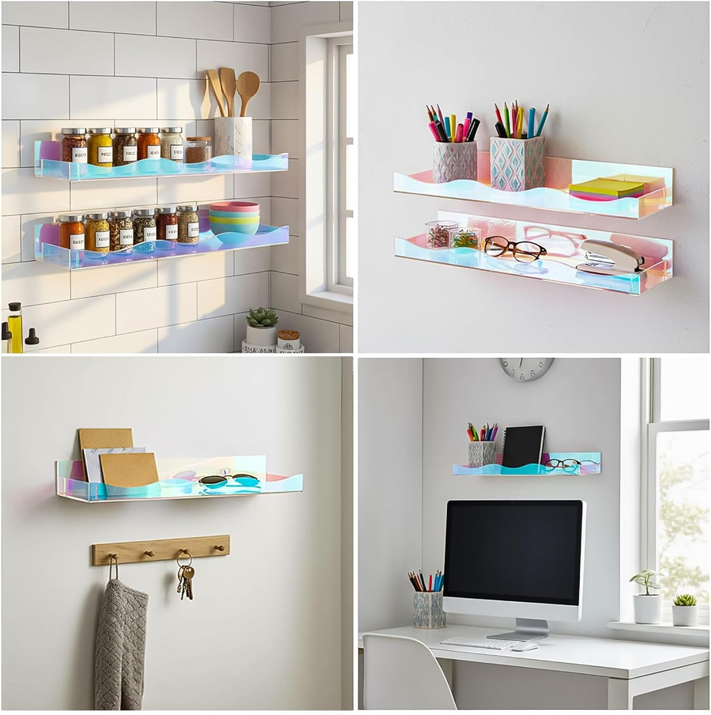 Hiceeden 4 Pack 15" Iridescent Acrylic Floating Shelves, Wall Mounted Floating Bookshelf Organizer for Room, Clear Nail Polish Sunglasses Display Shelf for Picture Ledge, Book, Funko Pop