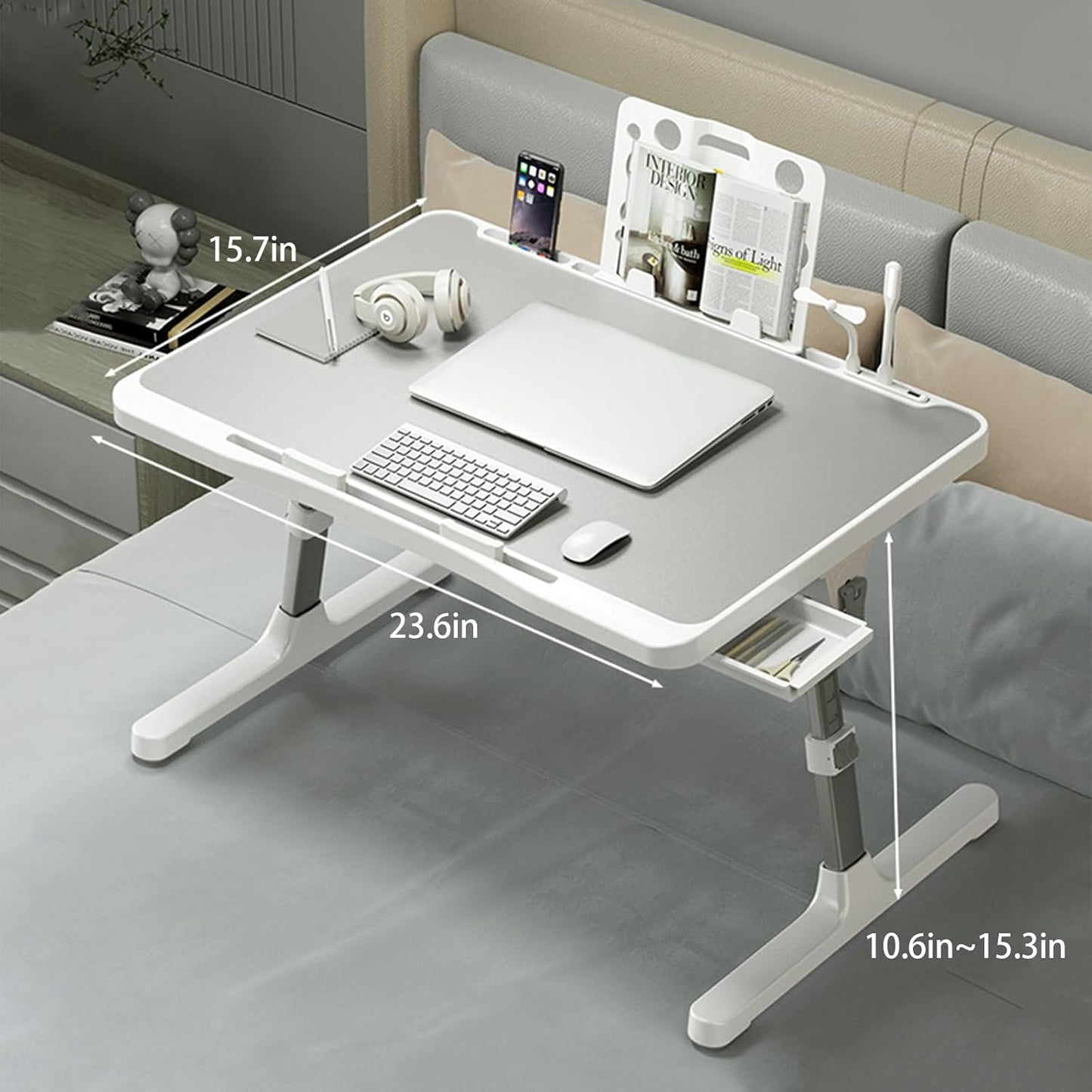 SIDIANBAN Laptop Desk for Bed, Adjustable Bed Table with USB Charge Port, Foldable Laptop Table with Storage Drawer, Portable Laptop Bed Desk Tray for Eating Working Writing Reading (Black)