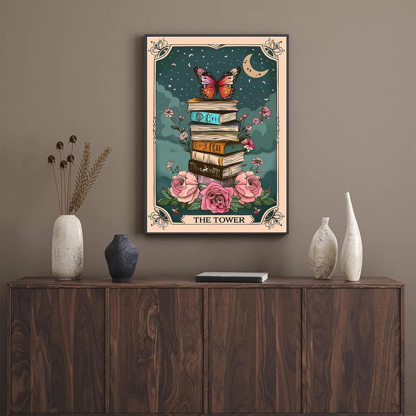 Tarot Card Books Poster Wall art Butterfly Botanical Flower Wall Art Library Reading Canvas Prints Gift for Book Lovers Vintage Bookish Decor 16x24 inch Unframed