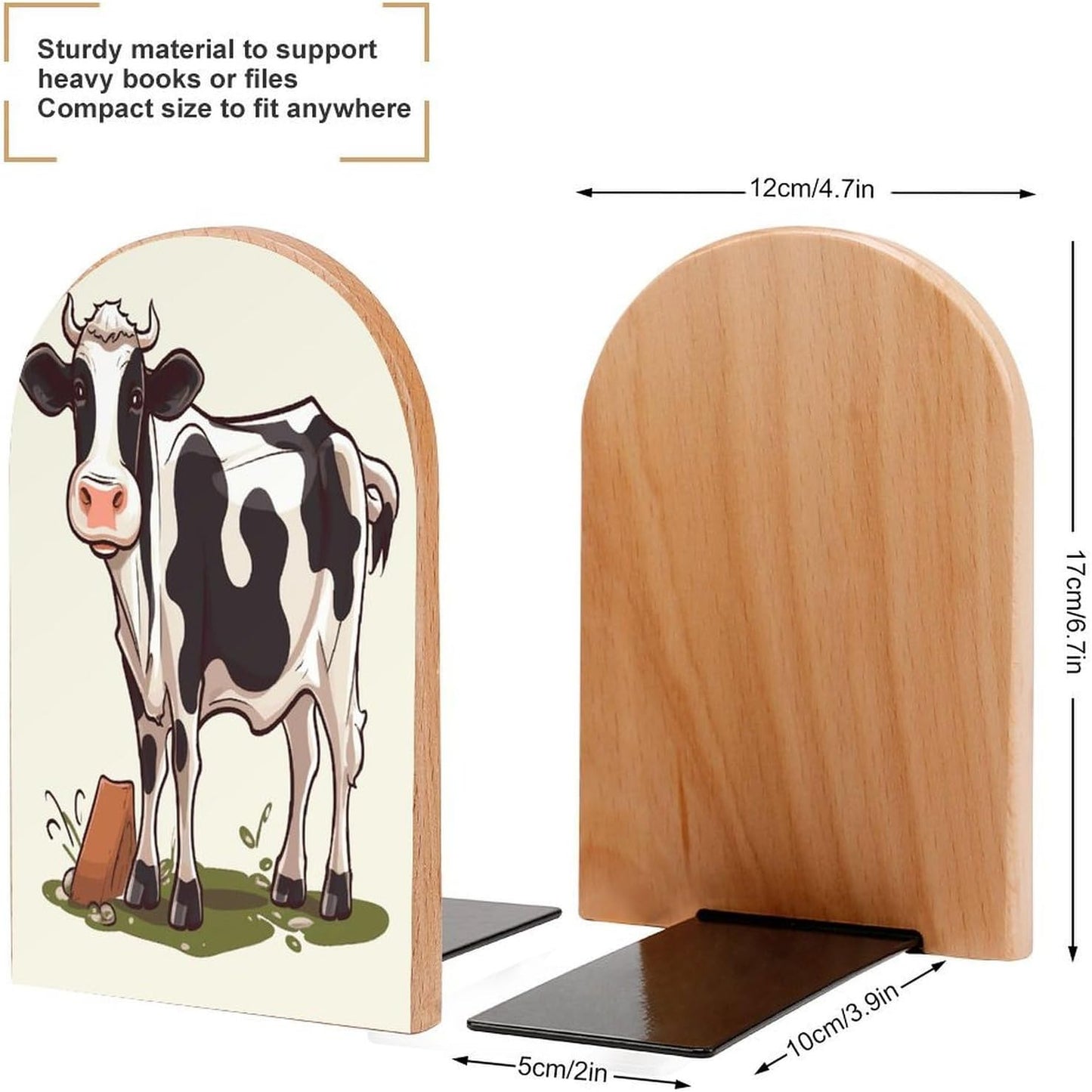 Non-Slip Bookend for Shelves Dairy Cow Wooden Bookends with Metal Base Decorative Book Stopper for Home Heavy Duty Wood Book Storage for Books/CDs