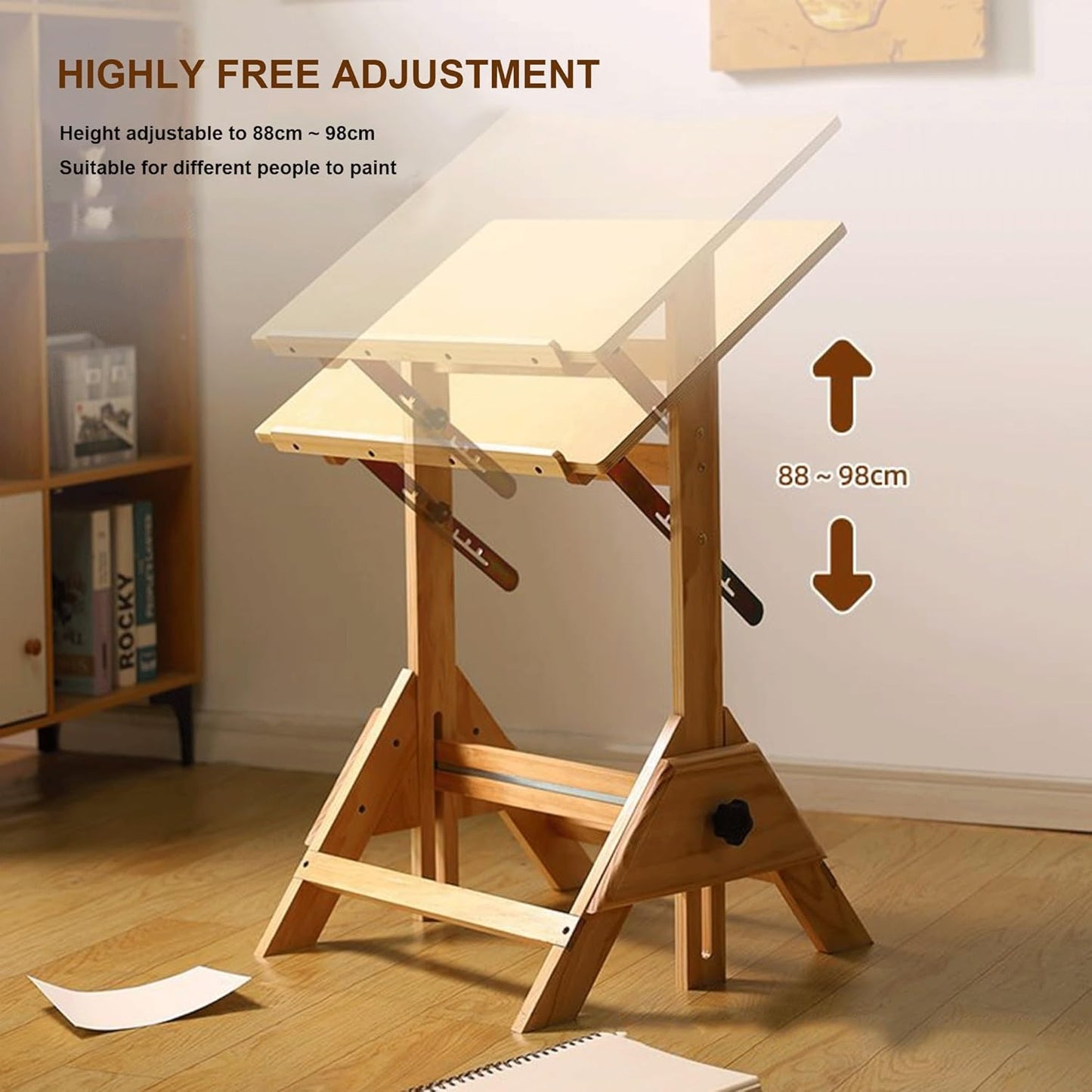 Drafting Table Art Desk for Adults - Solid Wood Drawing Table with Adjustable Angle & Height, Includes Stool - Ideal for Graphic Design, Reading, Studio & Study