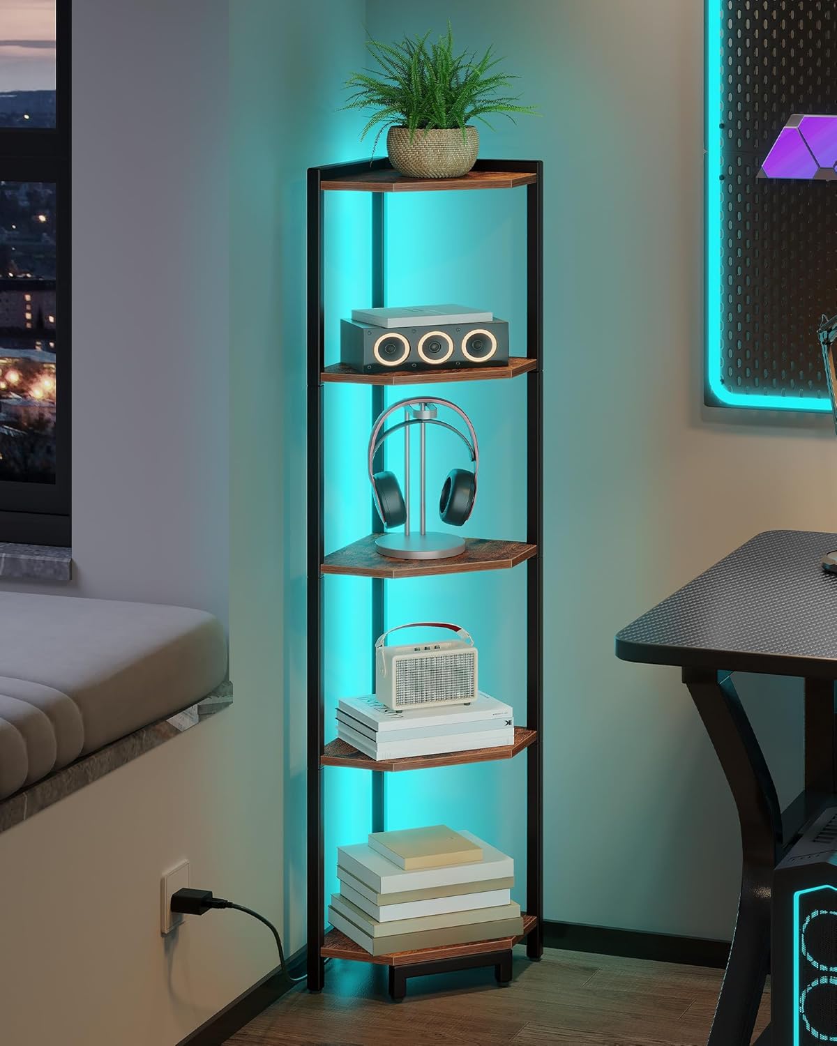 Corner Shelf with LED Light, 5-Tier Corner Bookshelf, Tall Narrow Display Bookcase with Metal Frame, Standing Shelf for Small Space, Living Room, Home Office, Bedroom, Rustic Brown CS66501B
