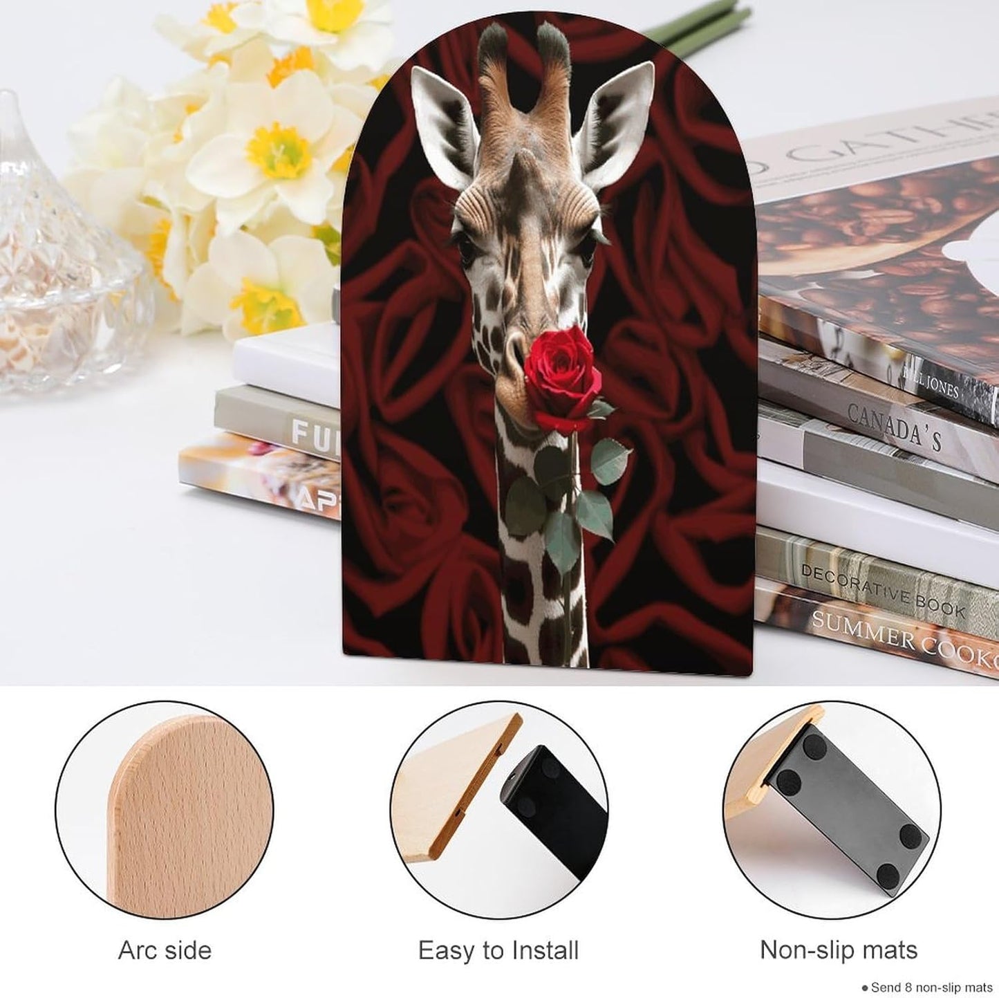 Non-Slip Bookend for Shelves Giraffe Kissing Flower Wooden Bookends with Metal Base Decorative Book Stopper for Home Heavy Duty Wood Book Storage for Books/CDs