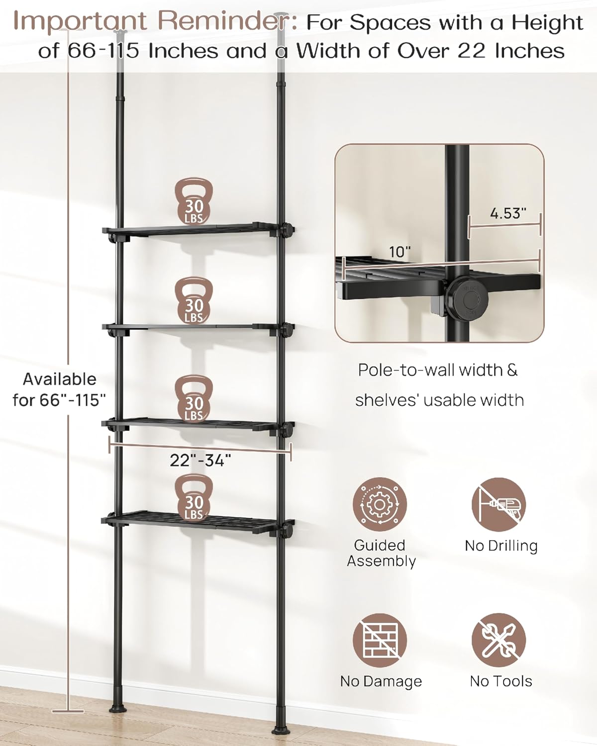 ALLZONE Over The Toilet Storage Cabinet, 4-Tier Adjustable Bathroom Shelves, 22-34 Inch Wide, Tension Mounted Organizer, Space-Saver Narrow Shelf, Fits 66-115 Inch Heights, Black