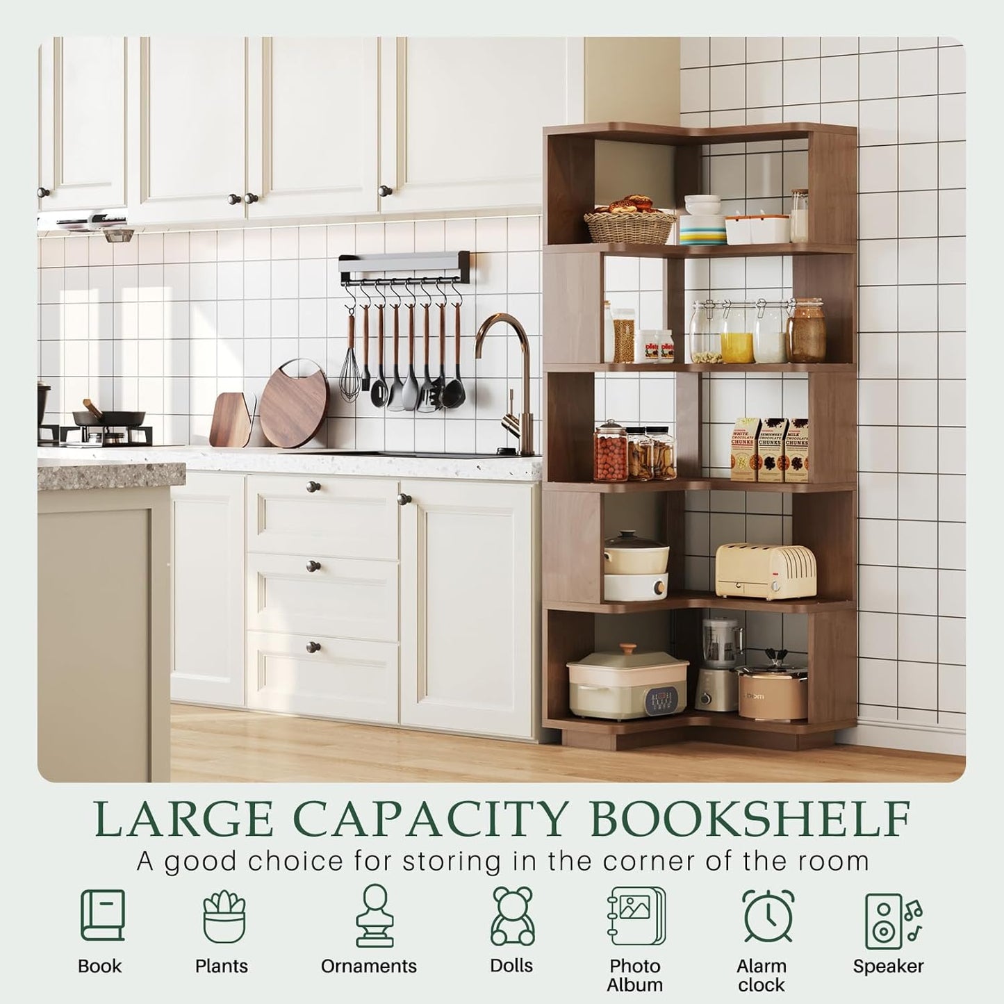 Wooden 5 Tier L-Shaped Corner Bookshelf - 65" Tall Solid Wood Corner Book Shelves for Space Saving, Bookcase Open Display Shelf with Baffle for Home Office, Living Room, Bedroom, Kitchen, Walnut