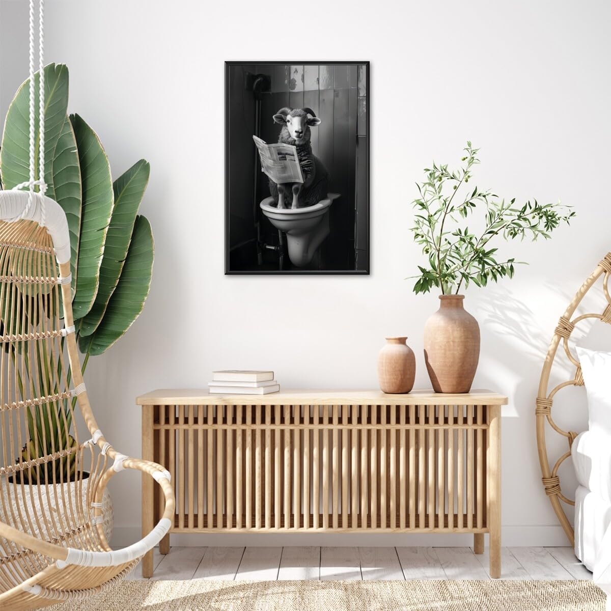 Black and White Animal wall art Funny Bathroom wall decor Sheep Sitting on Toilet Reading Newspaper Canvas Print poster Room decoration aesthetics for Rustic Farmhouse Restroom black framed8x12inch