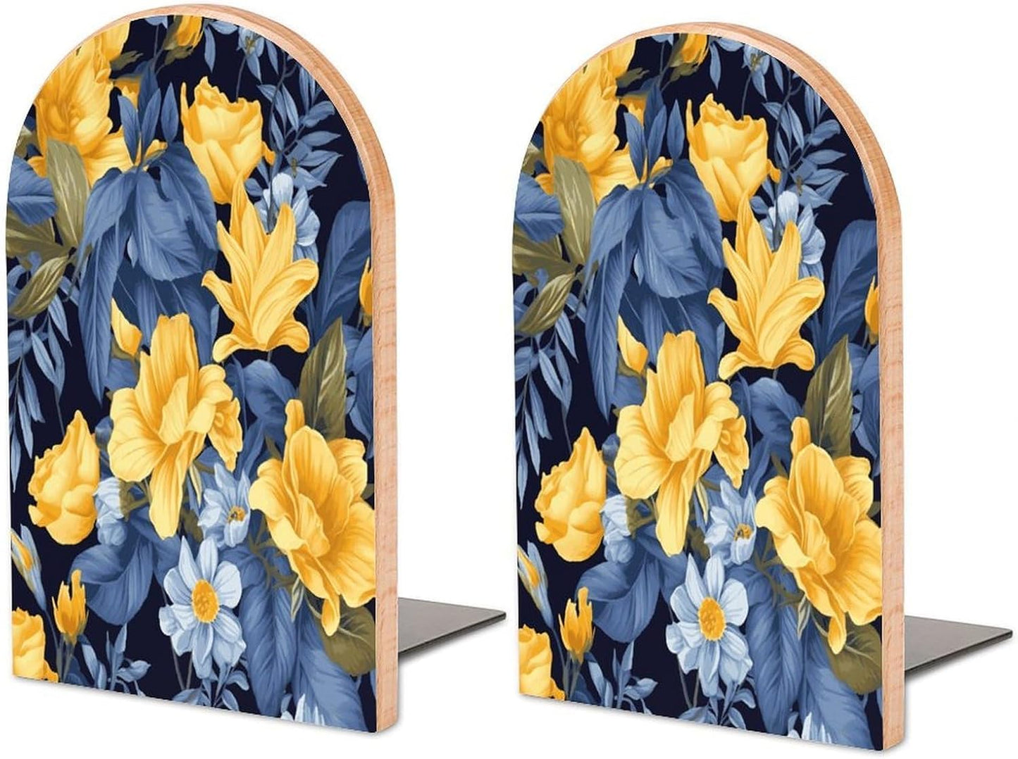 Blue Base Yellow Floral Bookend for Shelves Wooden Book End Large Size Sturdy Book Holders Stoppers with Metal Base for Bookshelves Slick Decorative Bookends Stands