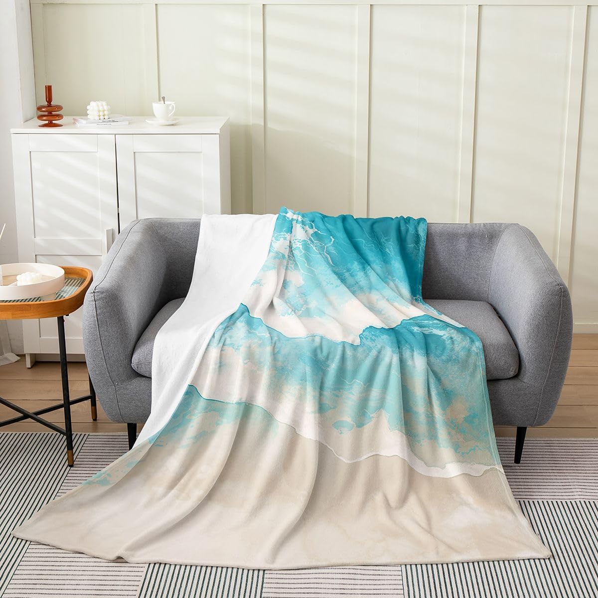 Feelyou Beach Plush Throw Blanket Teal Blue Coastal Flannel Blanket 40"x50" Ocean Beach Theme All Season for Couch Bed Sofa Bedroom Decor
