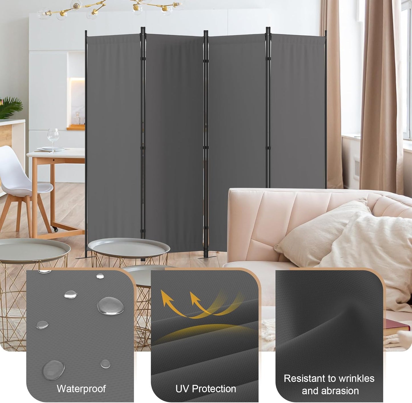 Privacy Screen Room Divider as Dressing Screen 4 Panel Wall Room Divider with 3 Wider Feet Portable Wall 6FT Partition Wall for Office Dining Room Children's Separate Rooms,Grey