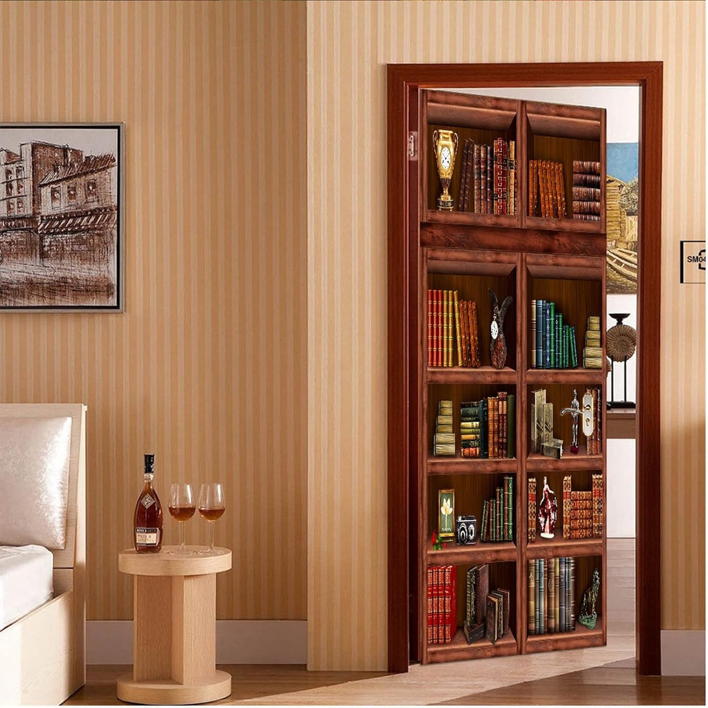 3D Door Stickers for Interior Doors Retro Bookshelf Book Cabinet in Study Room Vinyl Waterproof Self Adhesive Door Mural Decals for Bedroom Office Bathroom 85 x 215 cm