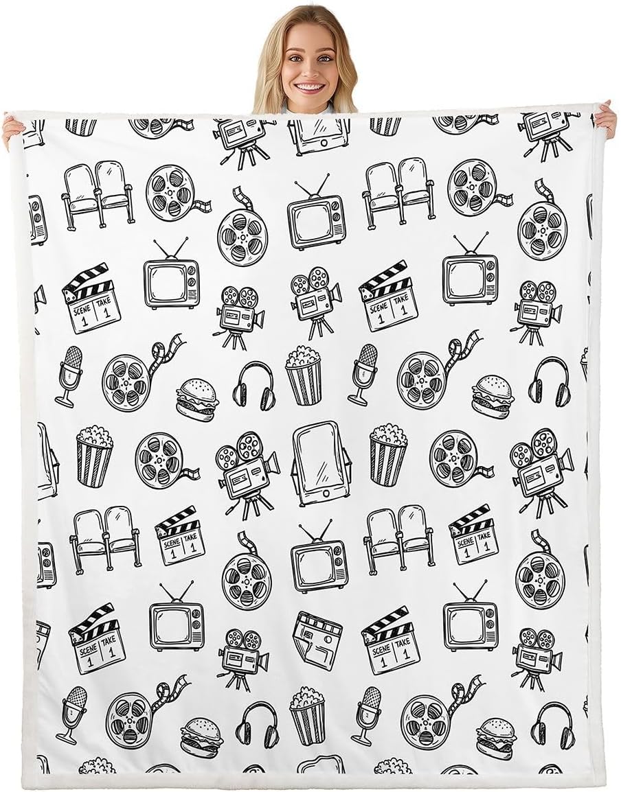 Feelyou Cinema Pattern Throw Blanket White Line Art Movie Soft Fleece Sherpa Cozy Fuzzy Plush Warm Retro Cinema Aesthetic Fuzzy Plush Throw Cute Movie Queen 90"x90" for Bed Couch Living Room